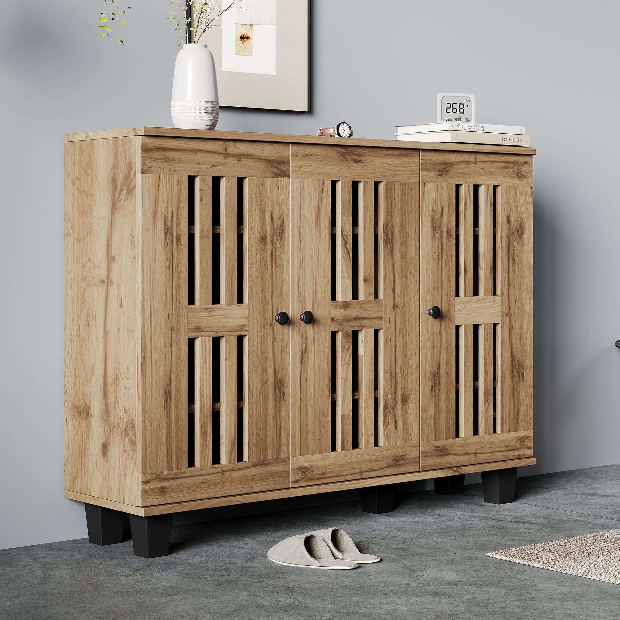 Side Cabinet, 120x32x92cm 3-Door with 8 Storage Compartments for Living Room, Bedroom, Office, Entryway