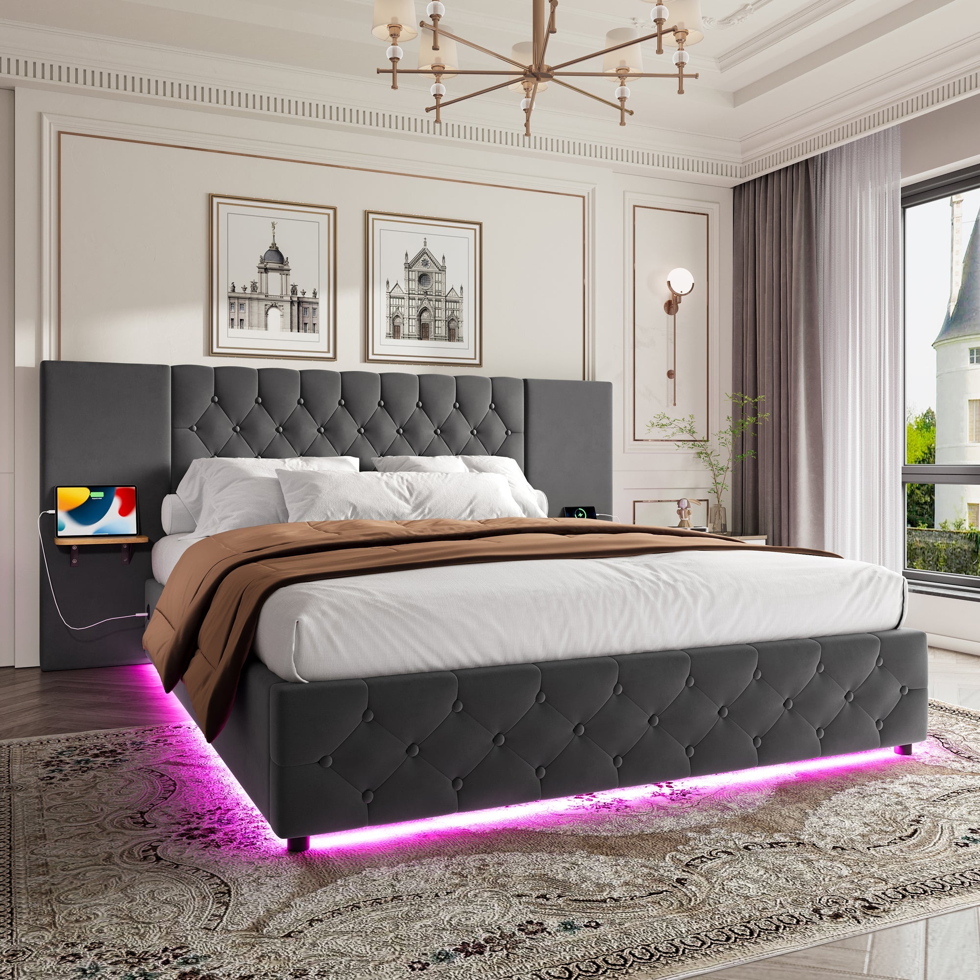 Bed Frame, 140x200cm, Wide Headboard, LED, USB, Hydraulic Lift Storage