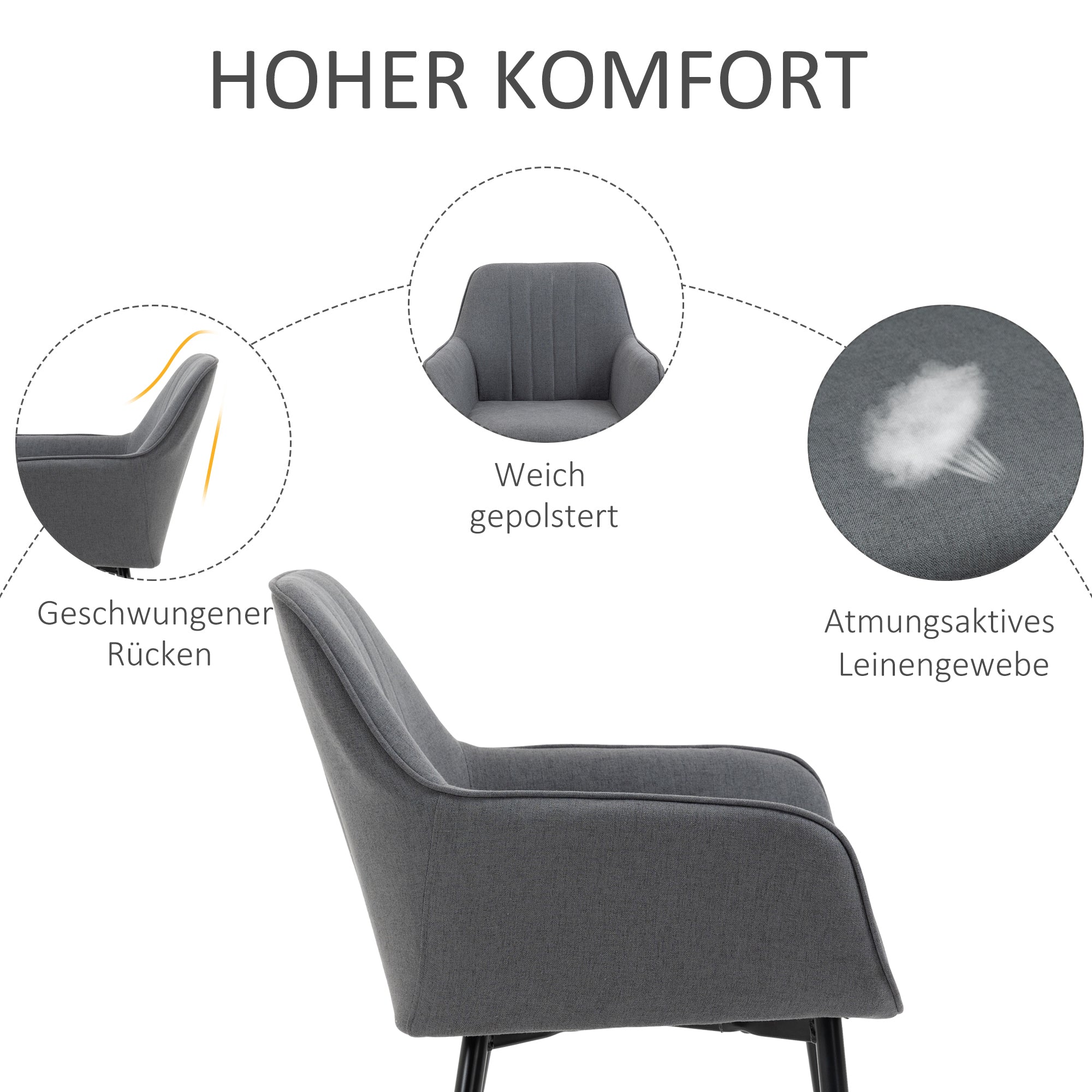 Dining Chairs Set of 2, Upholstered with Backrest and Armrests, Linen Dark Grey