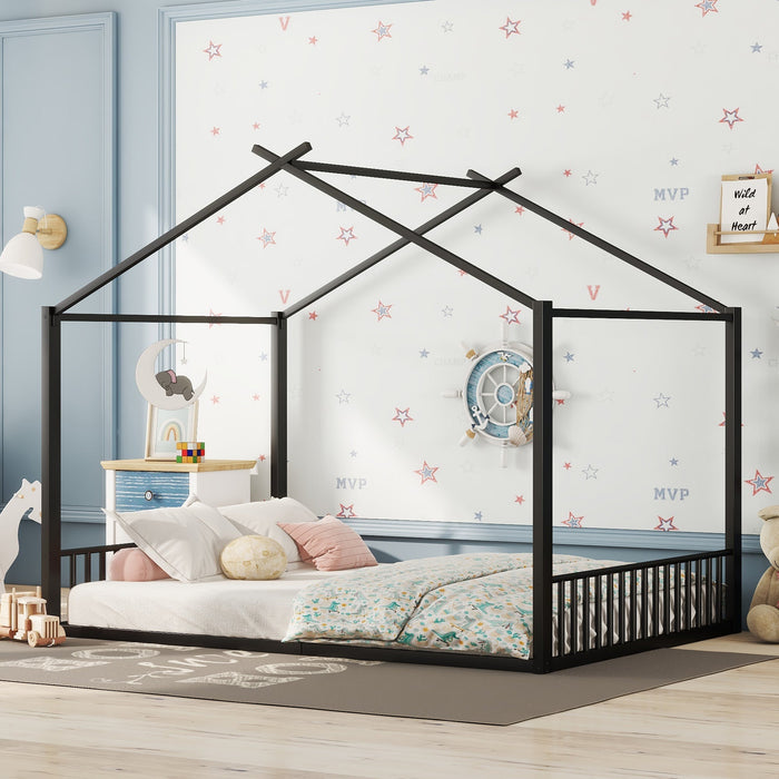 Children's Flat Bed 140x200cm House Rail Iron Frame Black