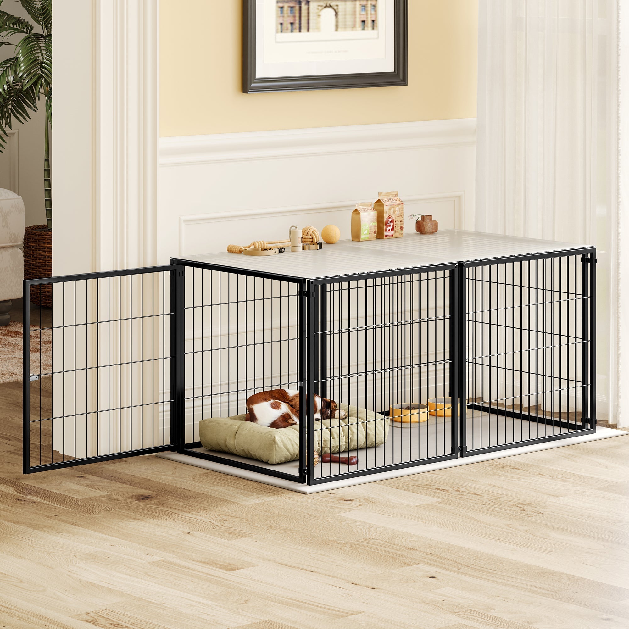 Basics Modular Dog Crate Flexible Safety Lid Adjustable Door 120x60x60cm - Black Steel