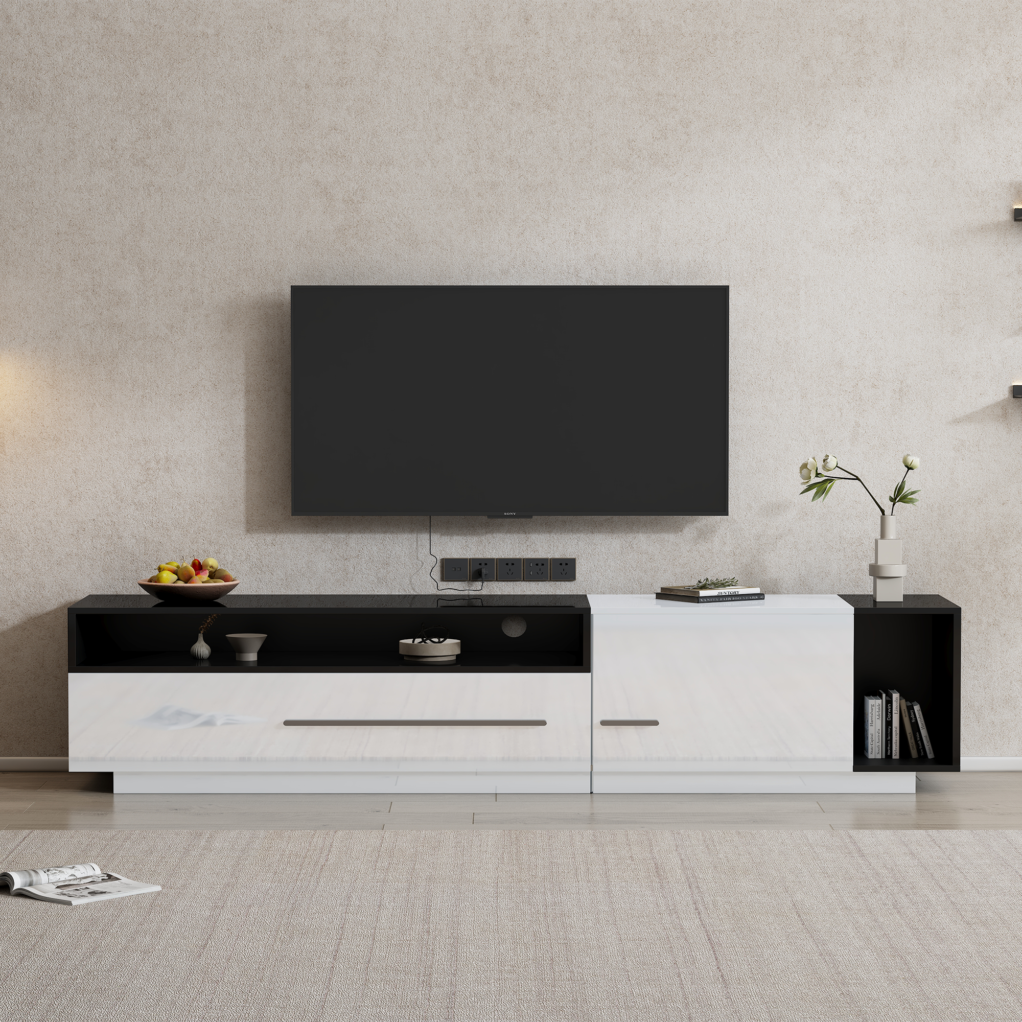 High-Gloss TV Cabinet, 170cm Lowboard for 70-inch TVs with Drawer & Door