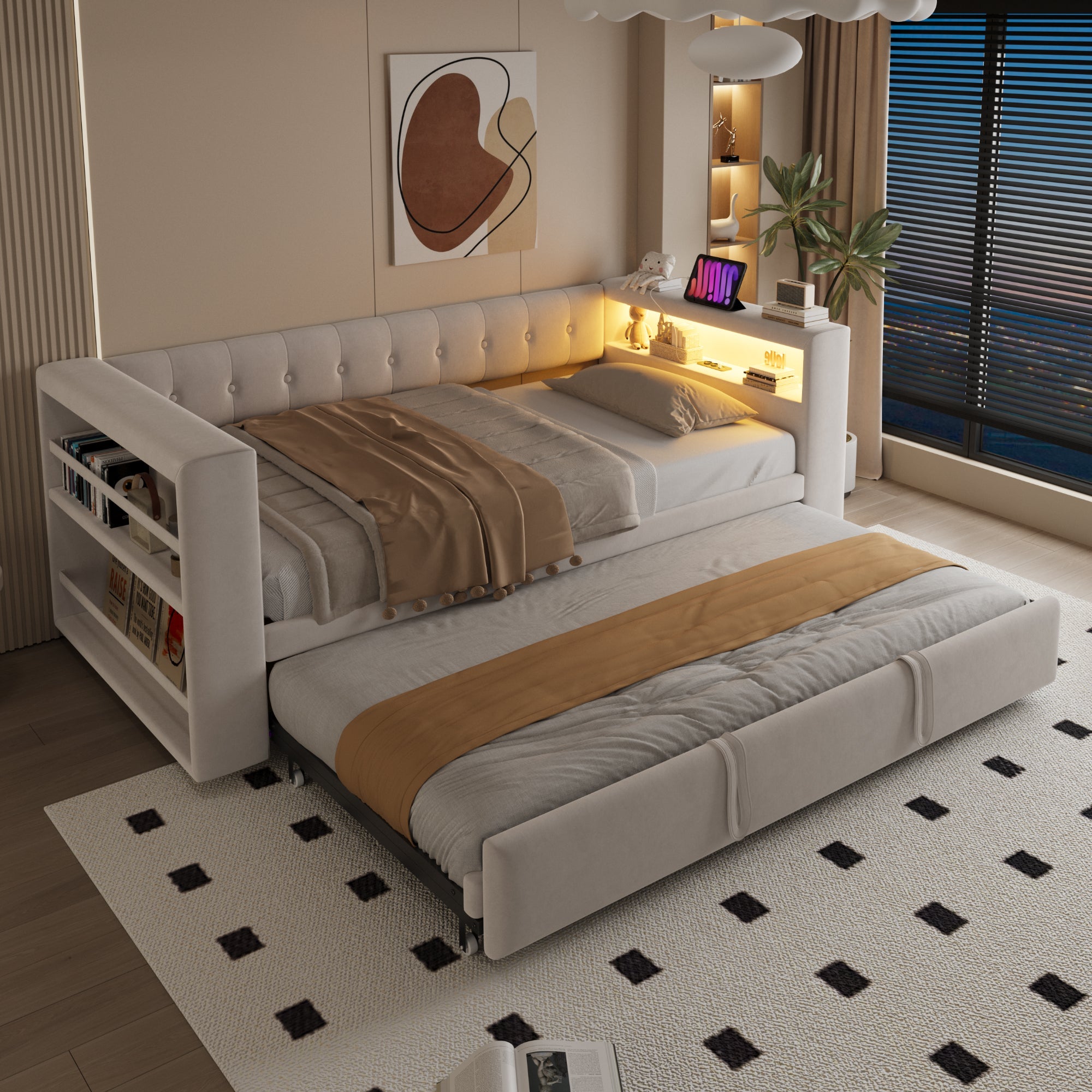 Multifunctional Upholstered Sofa Bed with LED Lighting, Power Outlets ...