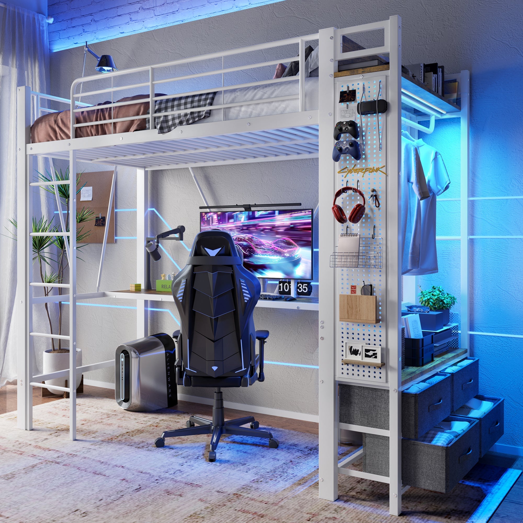 Loft Bed 90x200cm Desk 4 Drawers USB/Type-C LED Pegboard - White Iron