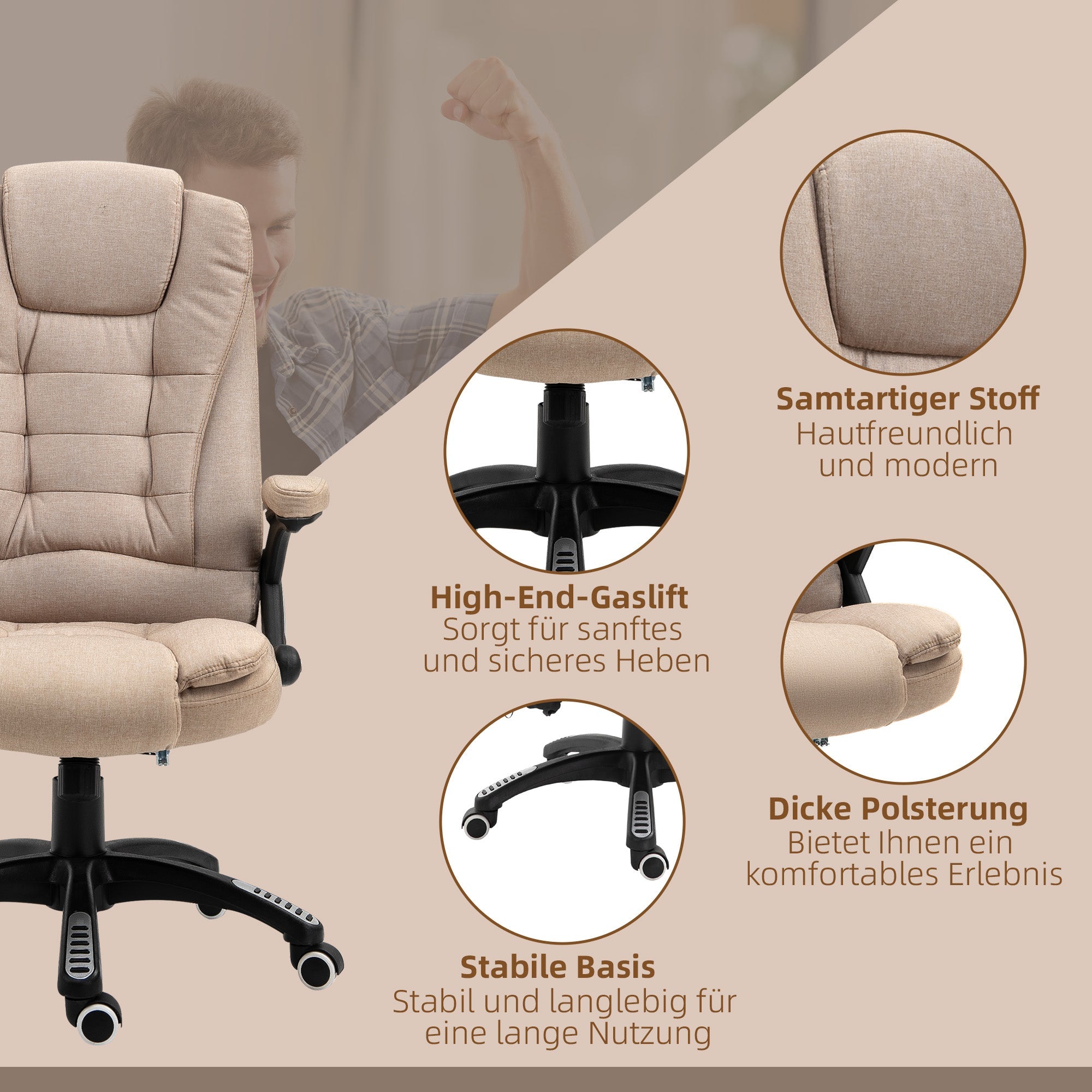 Office Chair with Massage, Heating, Reclining, and Adjustable Height - Linen Look Brown