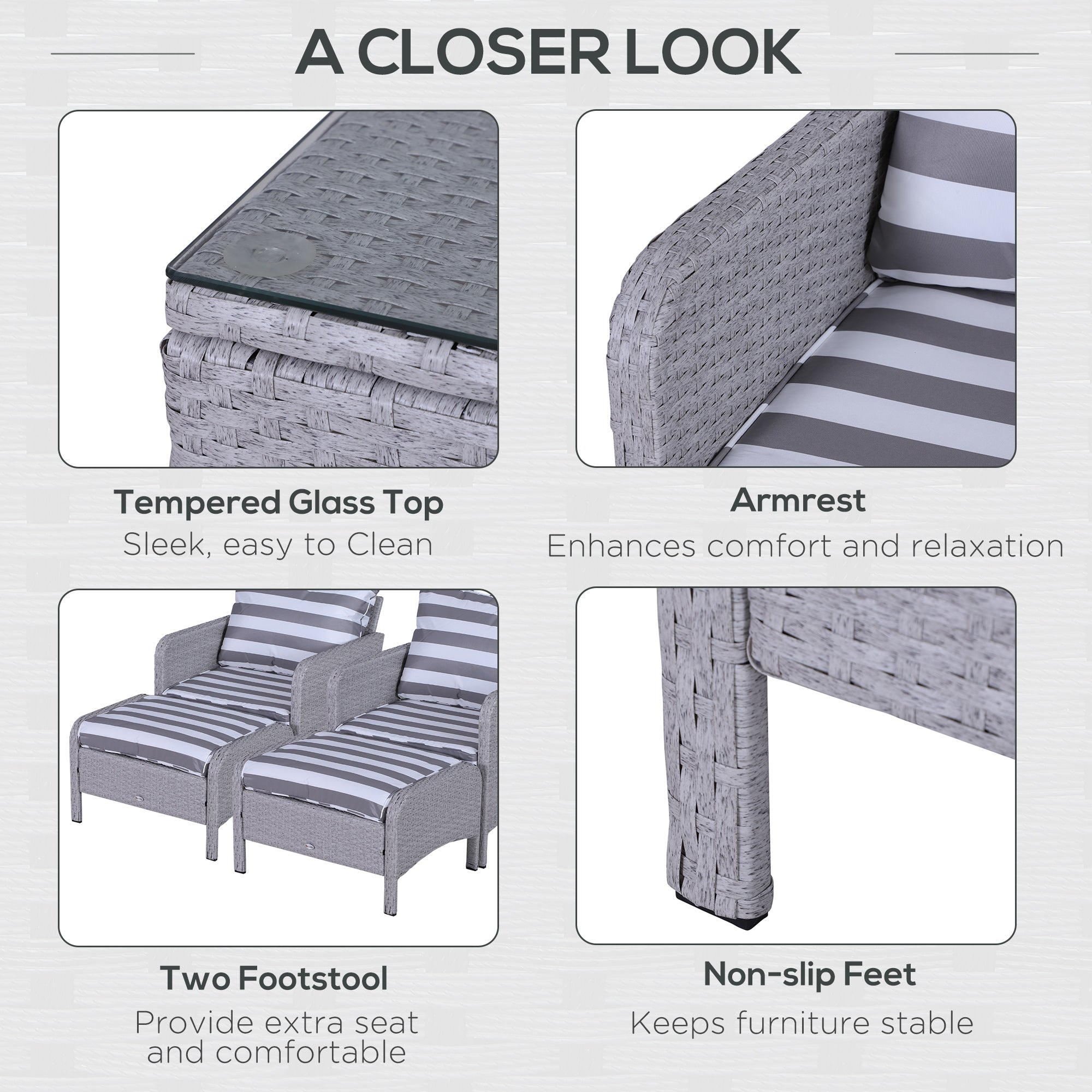 5 Pieces PE Rattan Garden Furniture Set with 10cm Padded Cushions, Glass Top Table, Grey and White Rattan