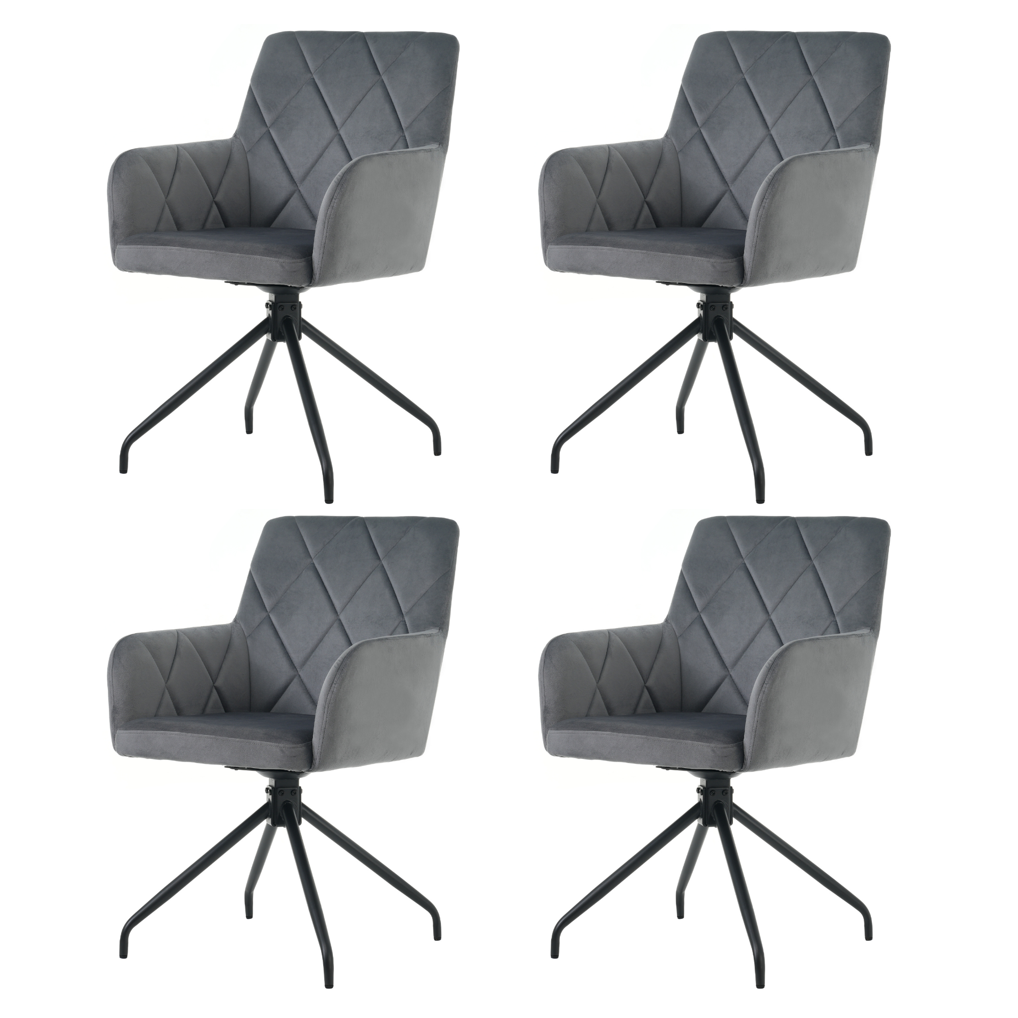 Swivel Dining Chair Set of 4, 360° Upholstered Diamond Pattern Armchair, Velvet Anthracite