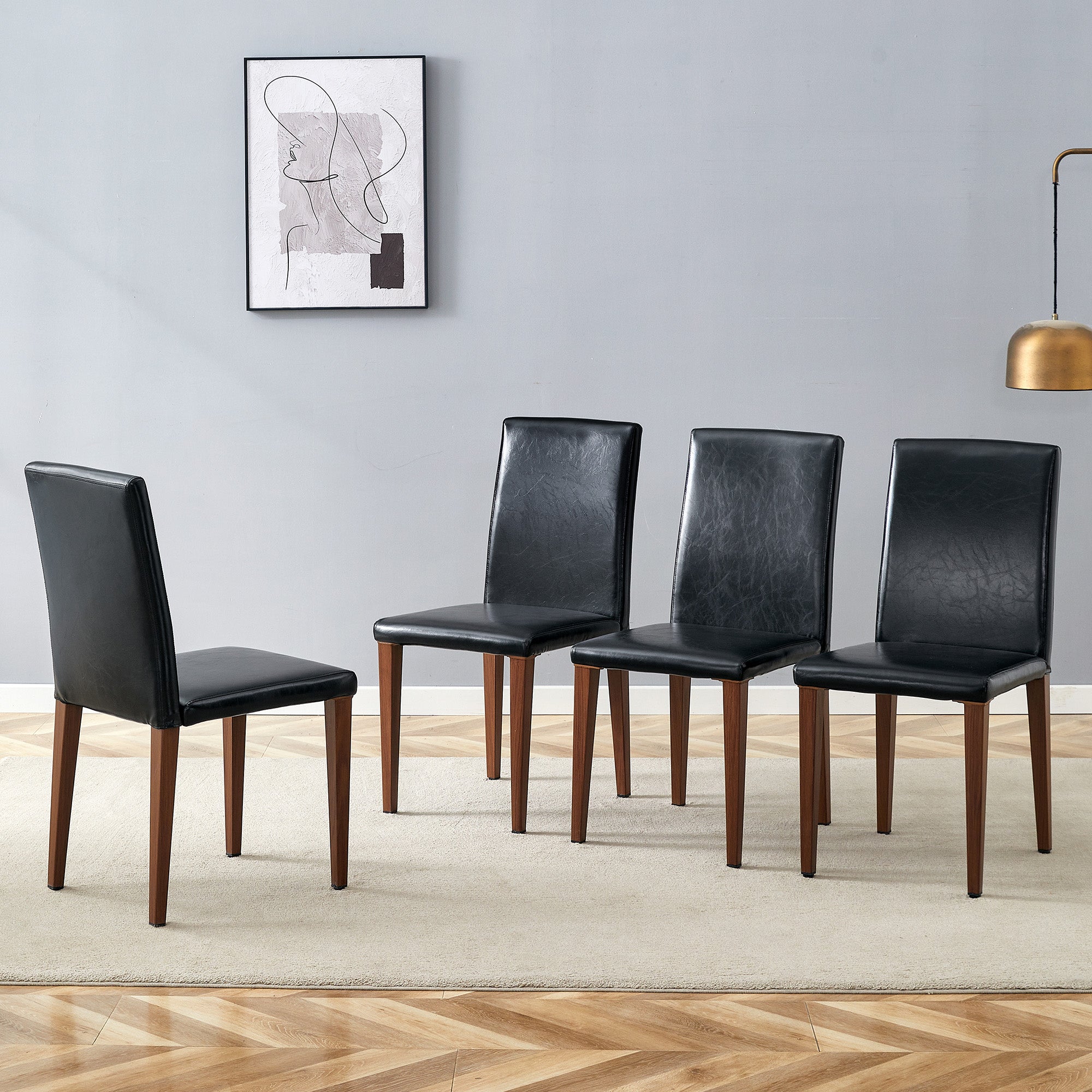 Minimalist Dining Chairs Set of 4, PU Leather and Metal Legs, Black and Walnut finish