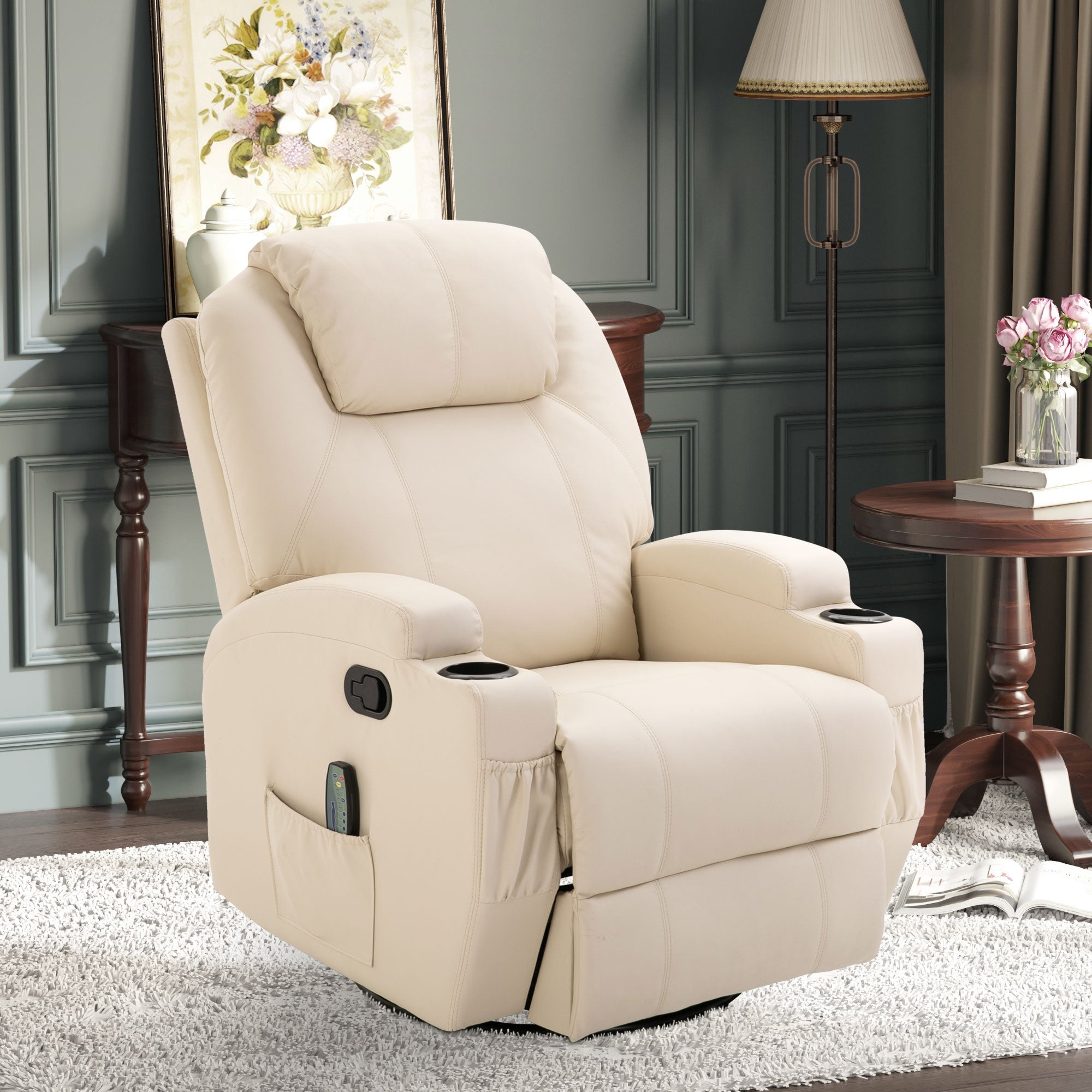 Reclining Armchair Electric Massage Chair 5 Modes Faux Leather Cream White