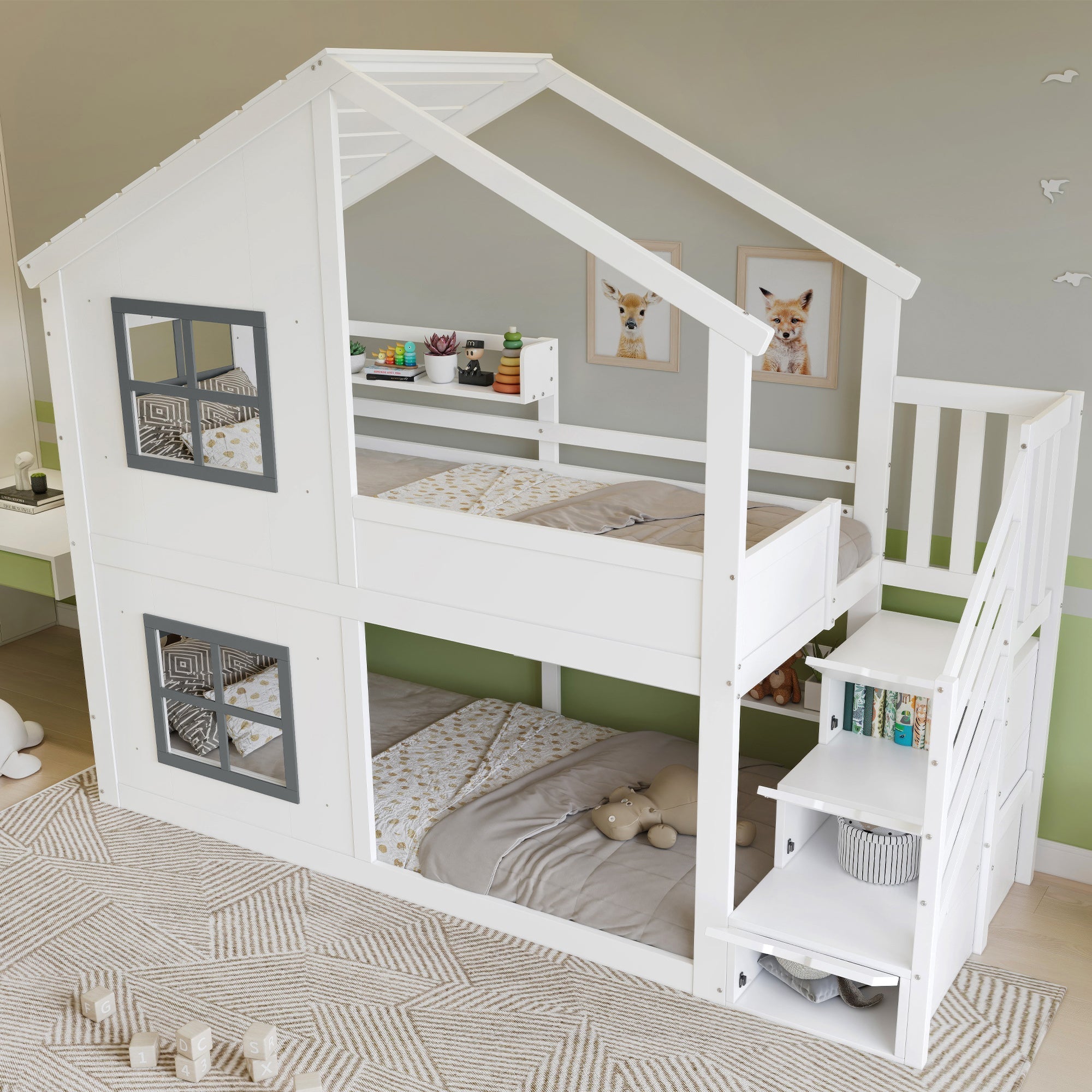 Children's Bunk Bed with Windows, Roof and Storage Cabinet, White and Grey