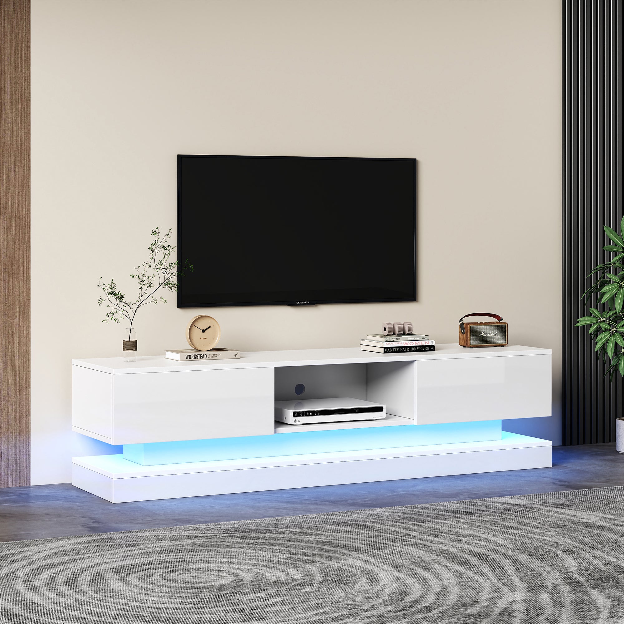 TV Cabinet with LED Lighting, 2-Drawer, Anti-Tip, for 60-inch TVs, White High-Gloss
