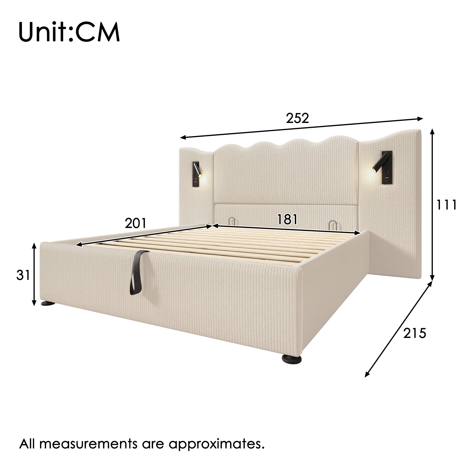 Upholstered Double Bed 180x200 with Reading Lamp, USB Type-C and Storage, Beige-White Corduroy Fabric