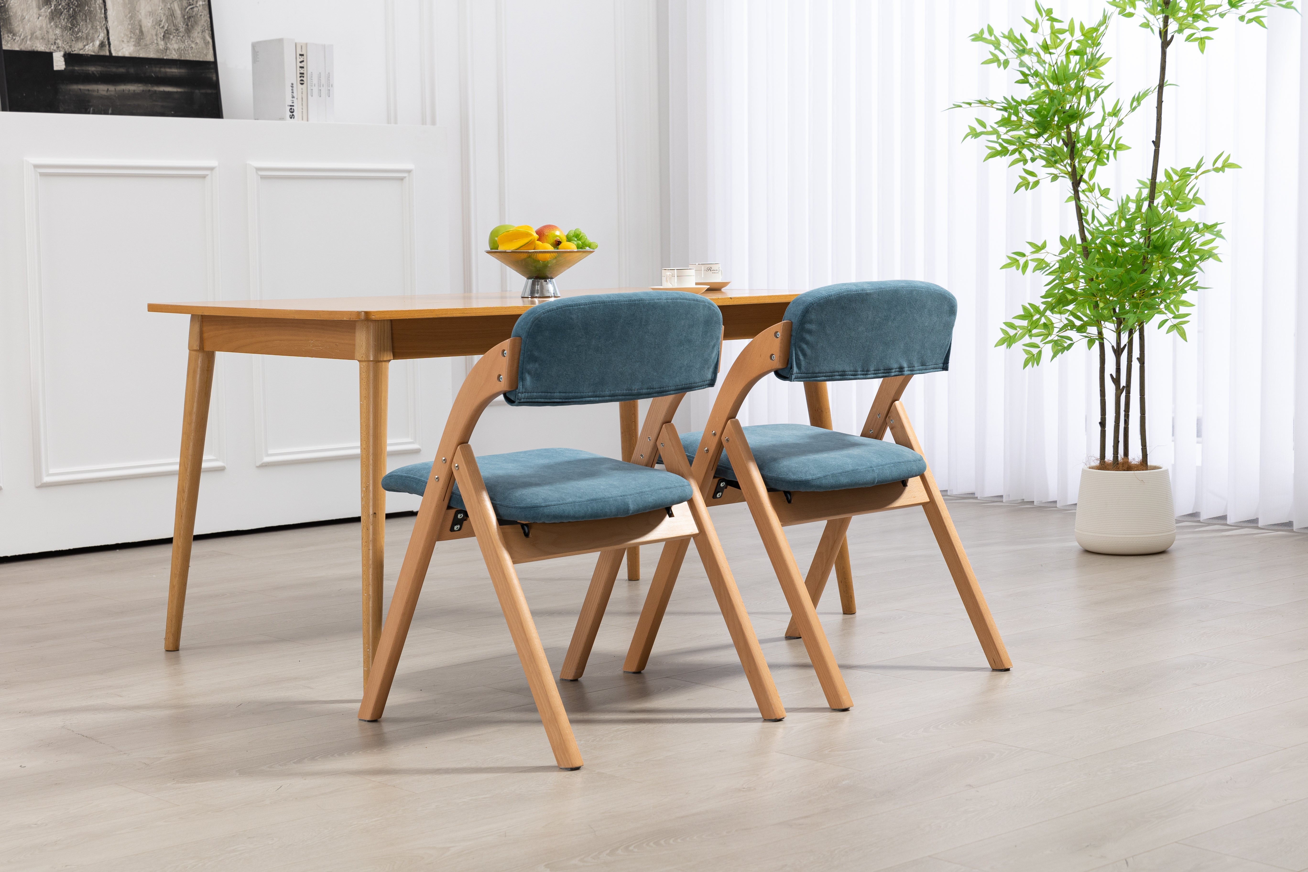 Folding Dining Chairs Set of 2 Stackable Wooden Padded Seats Blue