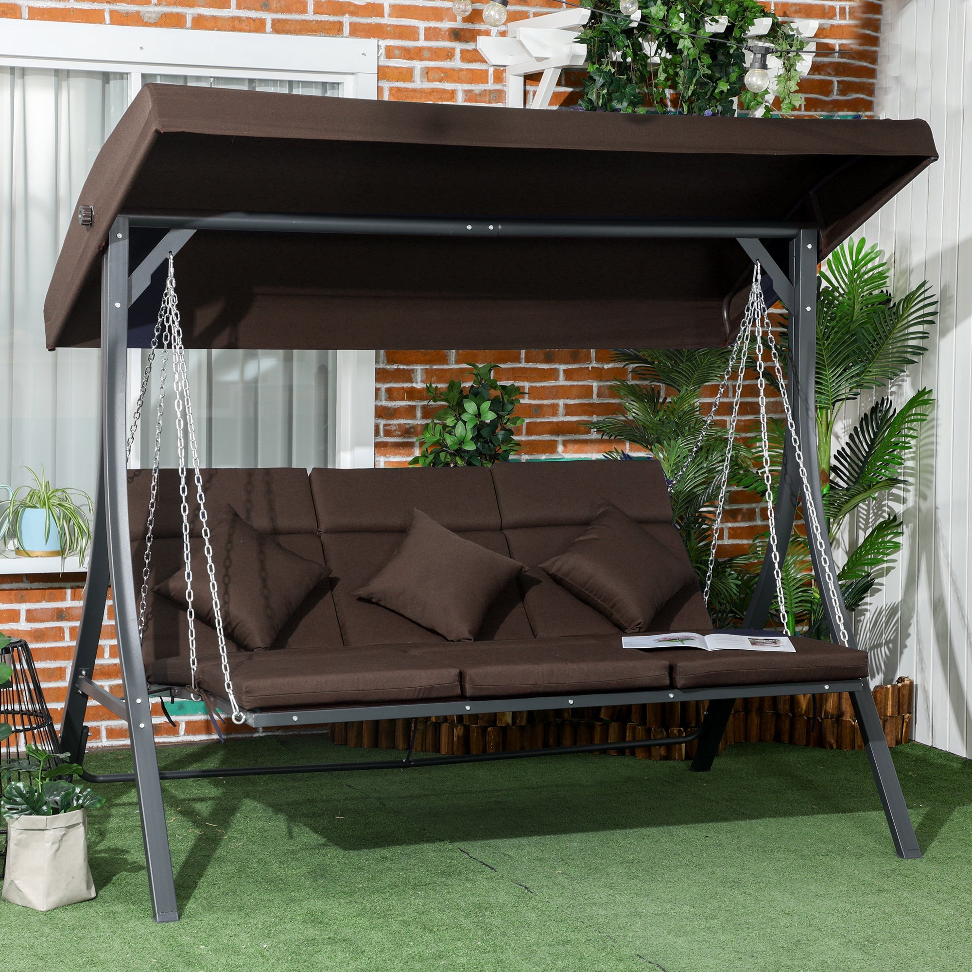Hollywood Swing 3-Seater Adjustable Sunshade & Cushions Metal/Textile Brown