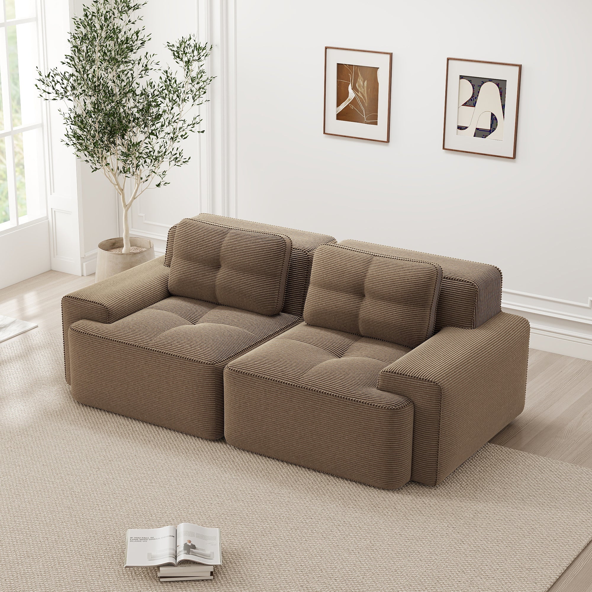 Boneless Modular Sofa Deep Seat Sleeper Loveseat - Brown Corduroy