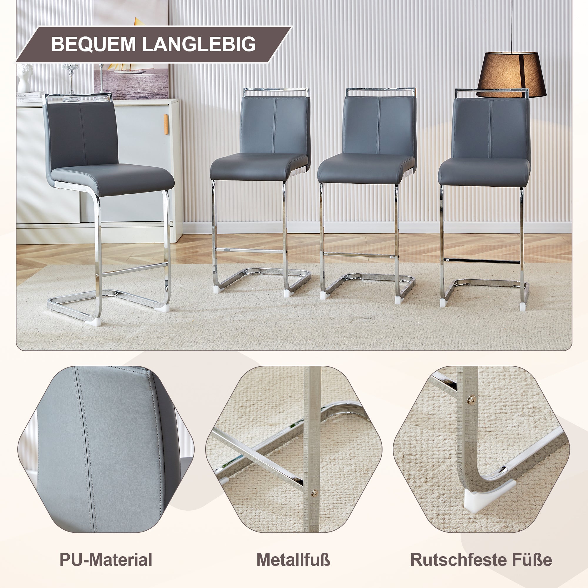 Bar Stools, Nordic Style, Set of 2 (Grey PU)