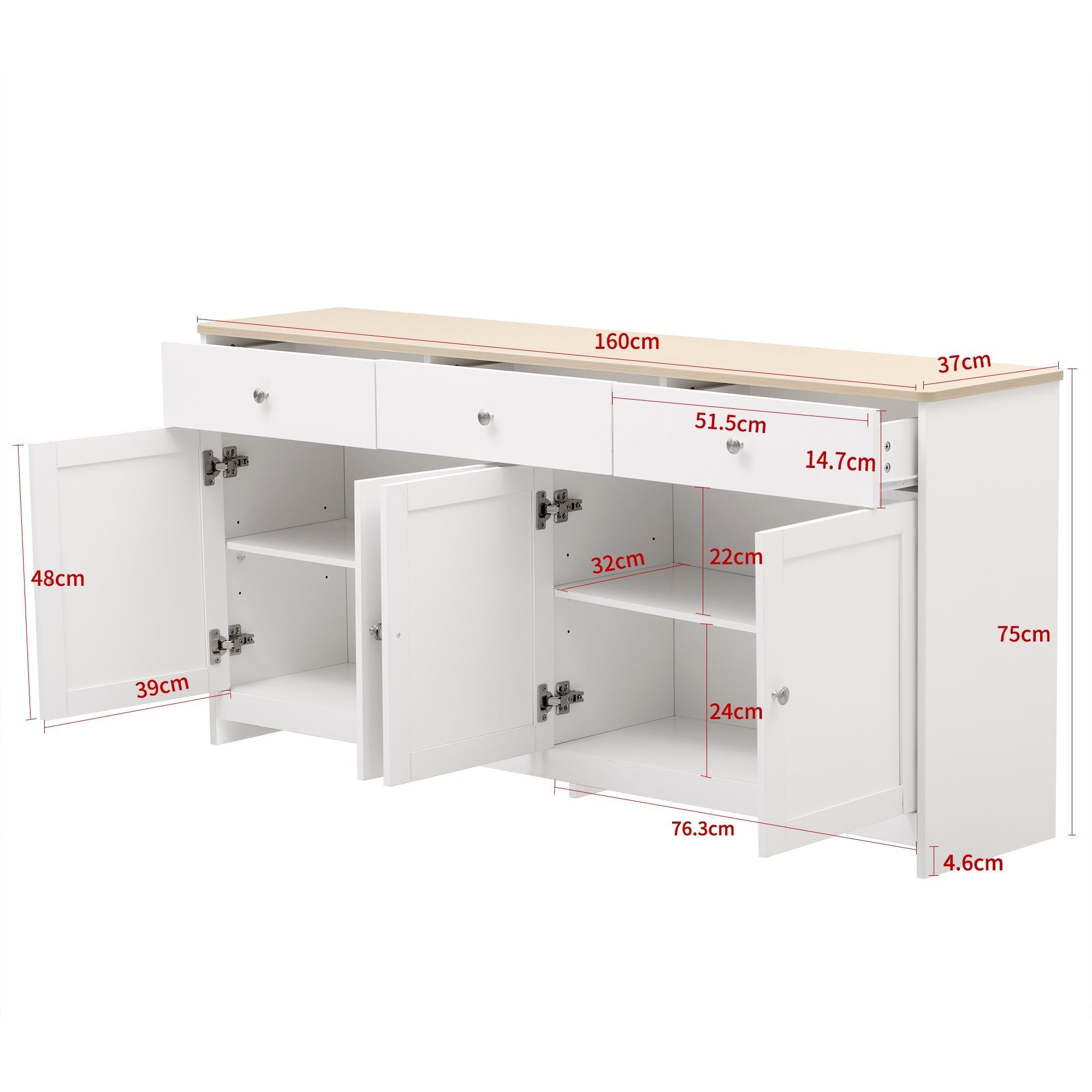 Sideboard Buffet Cabinet with 4 Doors and 3 Drawers, White Wood Grain and Natural Wood Color