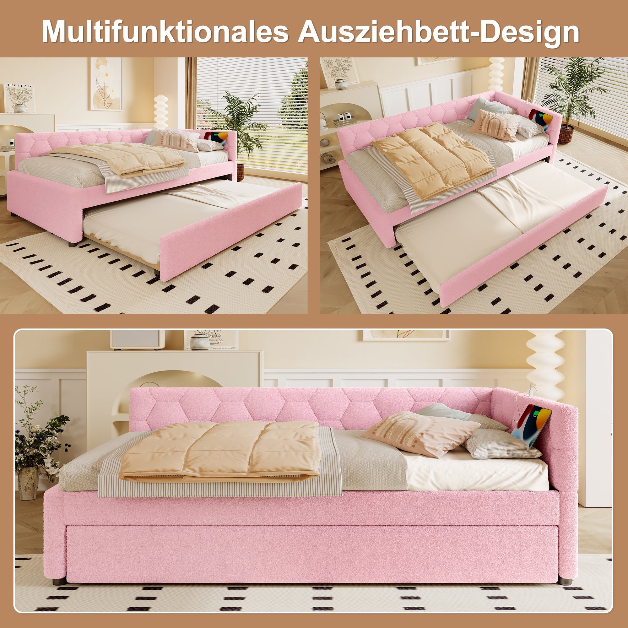 Daybed Sofa Bed 90x200cm Pull-Out Bed Bedside Lamp USB/Type-C Pink Fleece Imitation