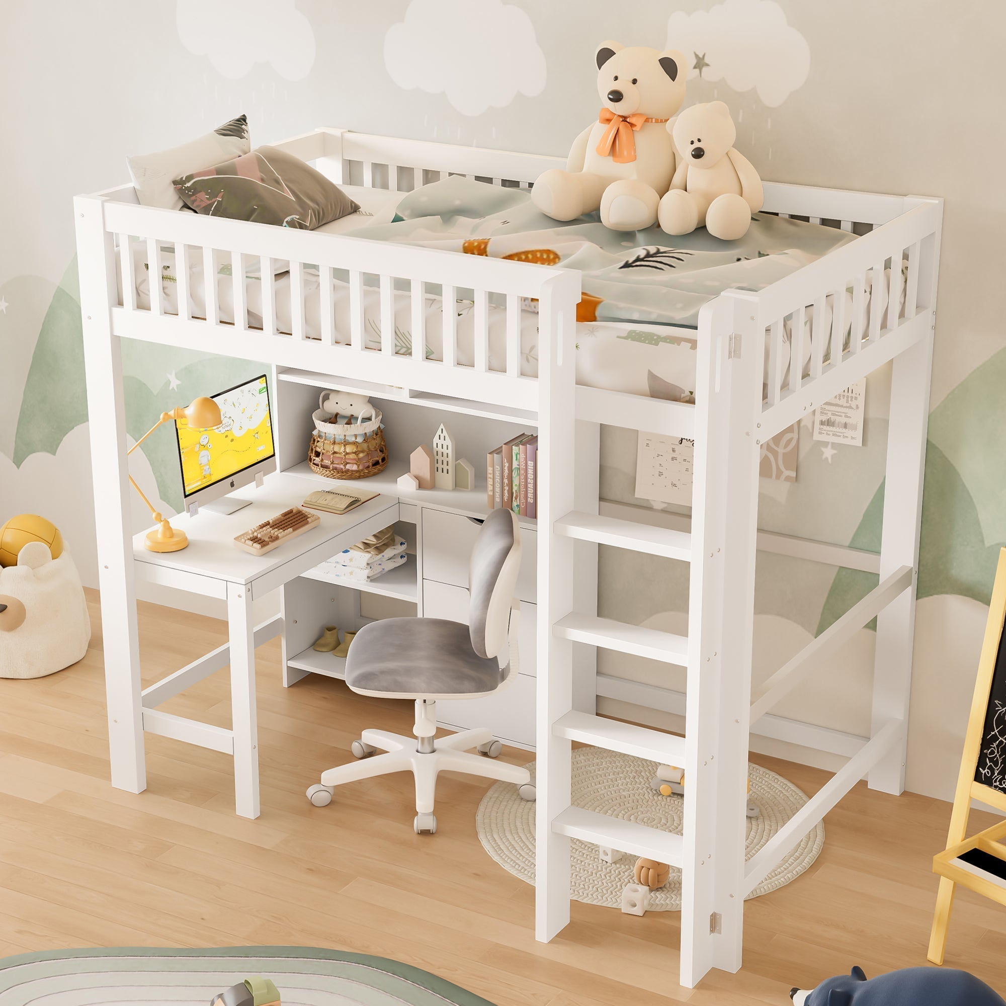 Loft Bed 90x200cm Storage Ladder Desk 3 Drawers, White