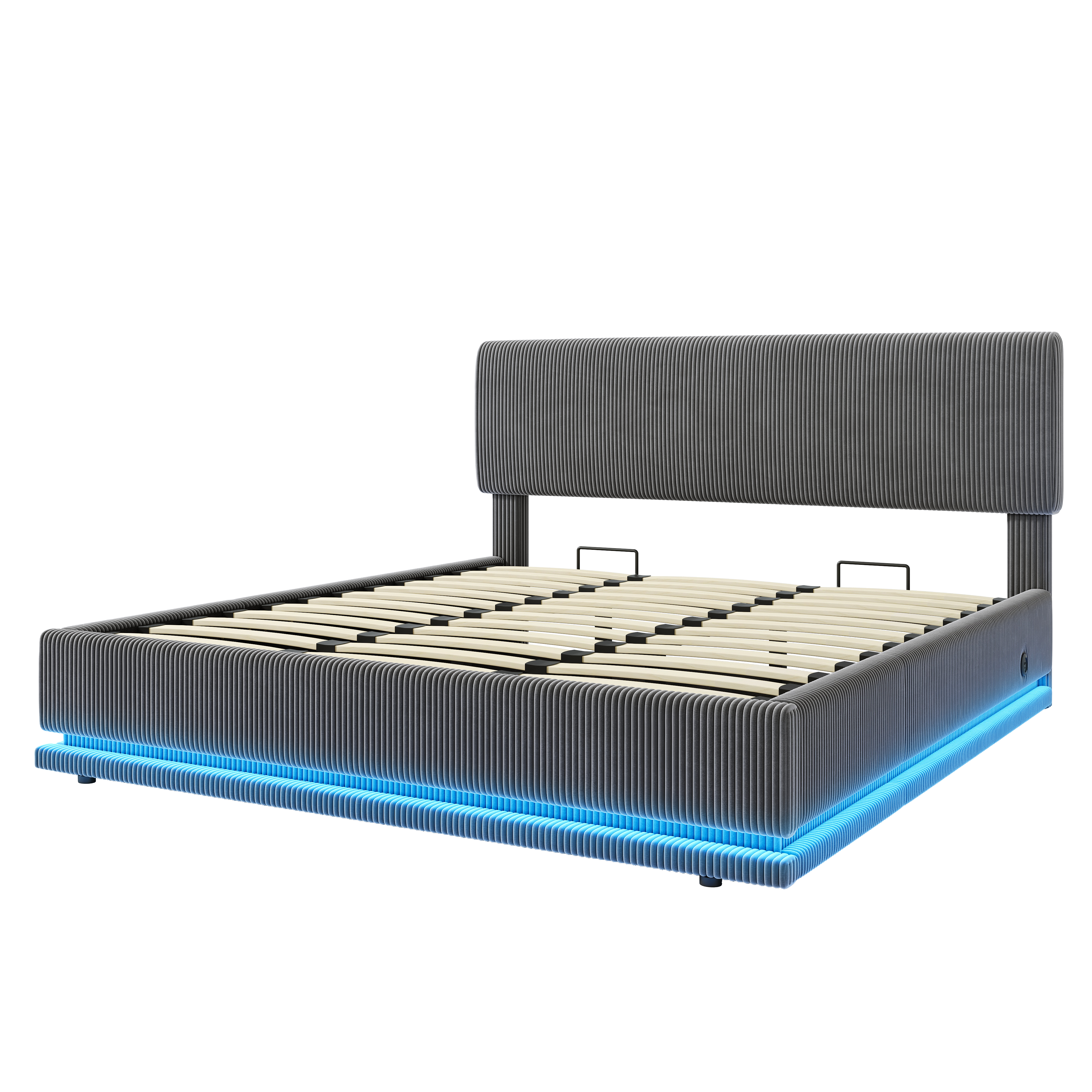 Modern Upholstered Bed with LED Lighting, USB-C and Under-Bed Storage, Gray Corduroy