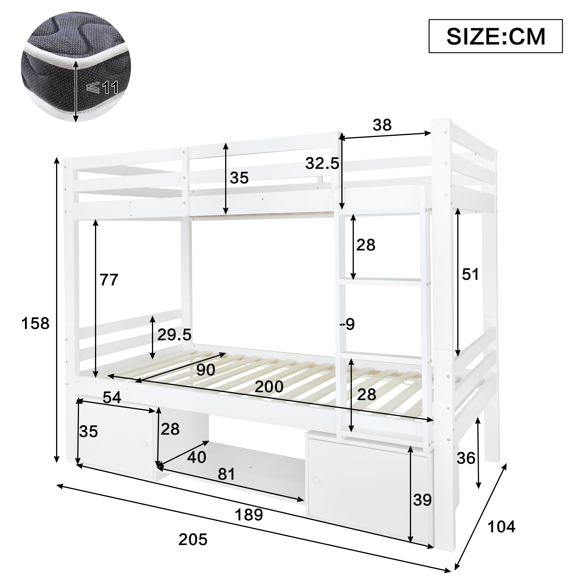 Bunk Bed Children's Shoe Racks Lockers Divisible 2 Single Beds, White 90x200cm