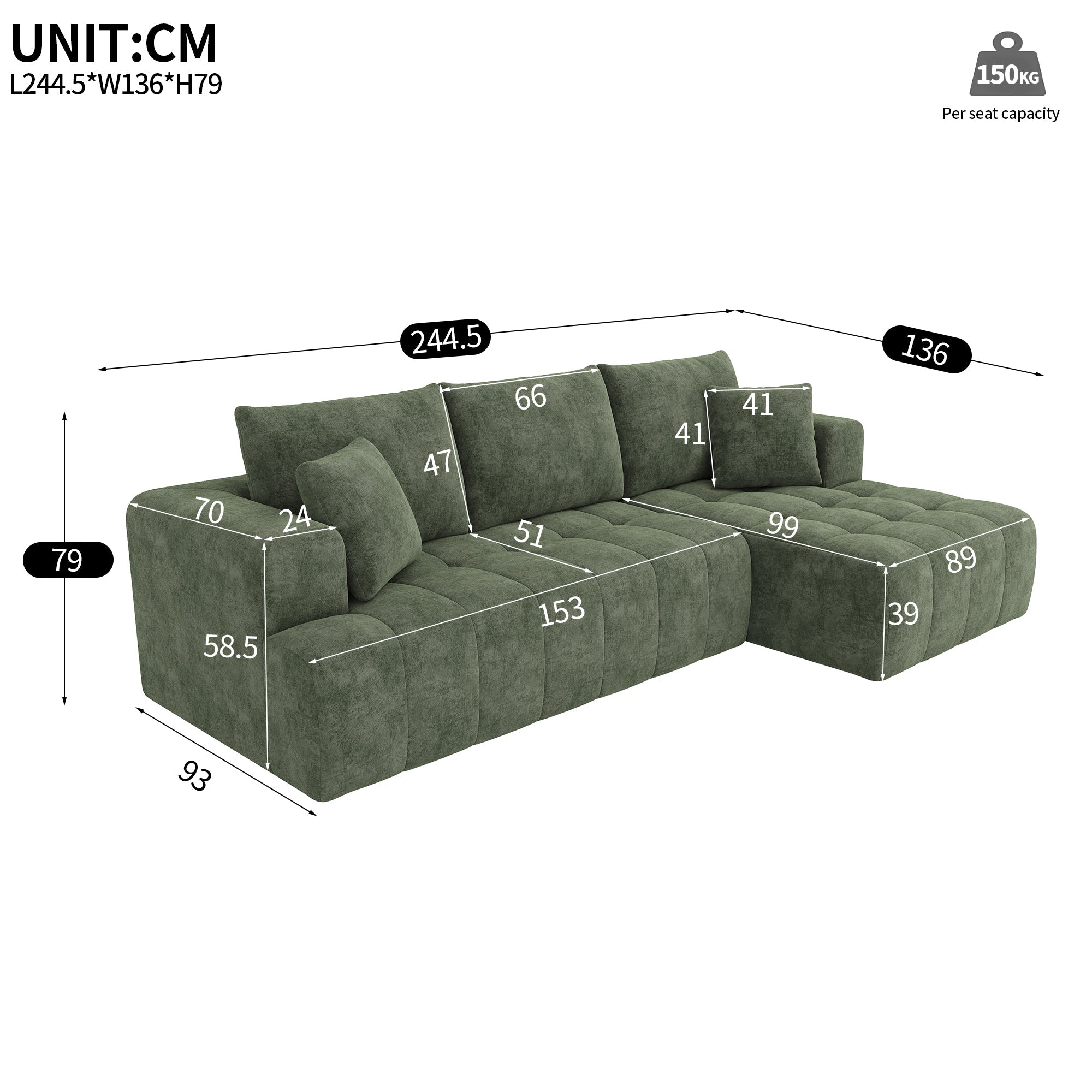 Modular L-shaped Cloud Sofa, Frameless Low-profile Design, Green Chenille Fabric