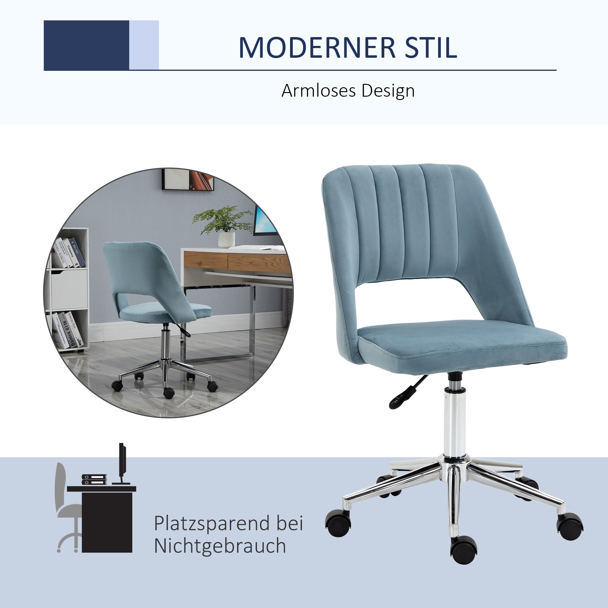 Vinsetto Swivel Chair, Height Adjustable Office, Blue Velvet
