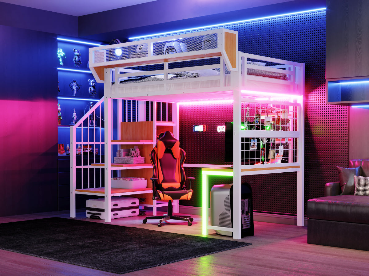 Metal Loft Bed with Desk, Shelf, LED and Socket, 90x200cm, White Metal