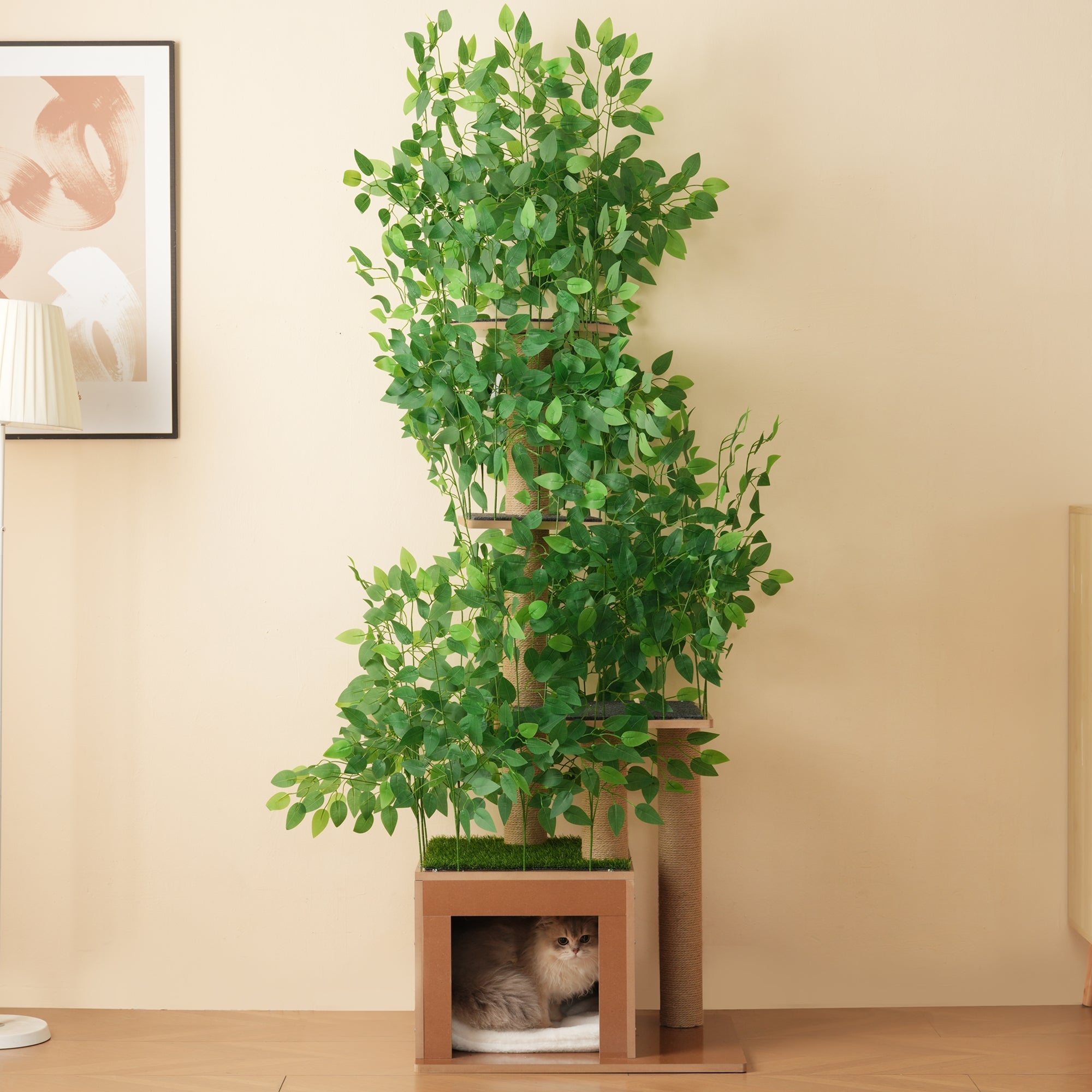 Cat Tree 190cm Tall Tree-Shaped 4 Platforms with Cat Holes Scratch-Resistant MDF