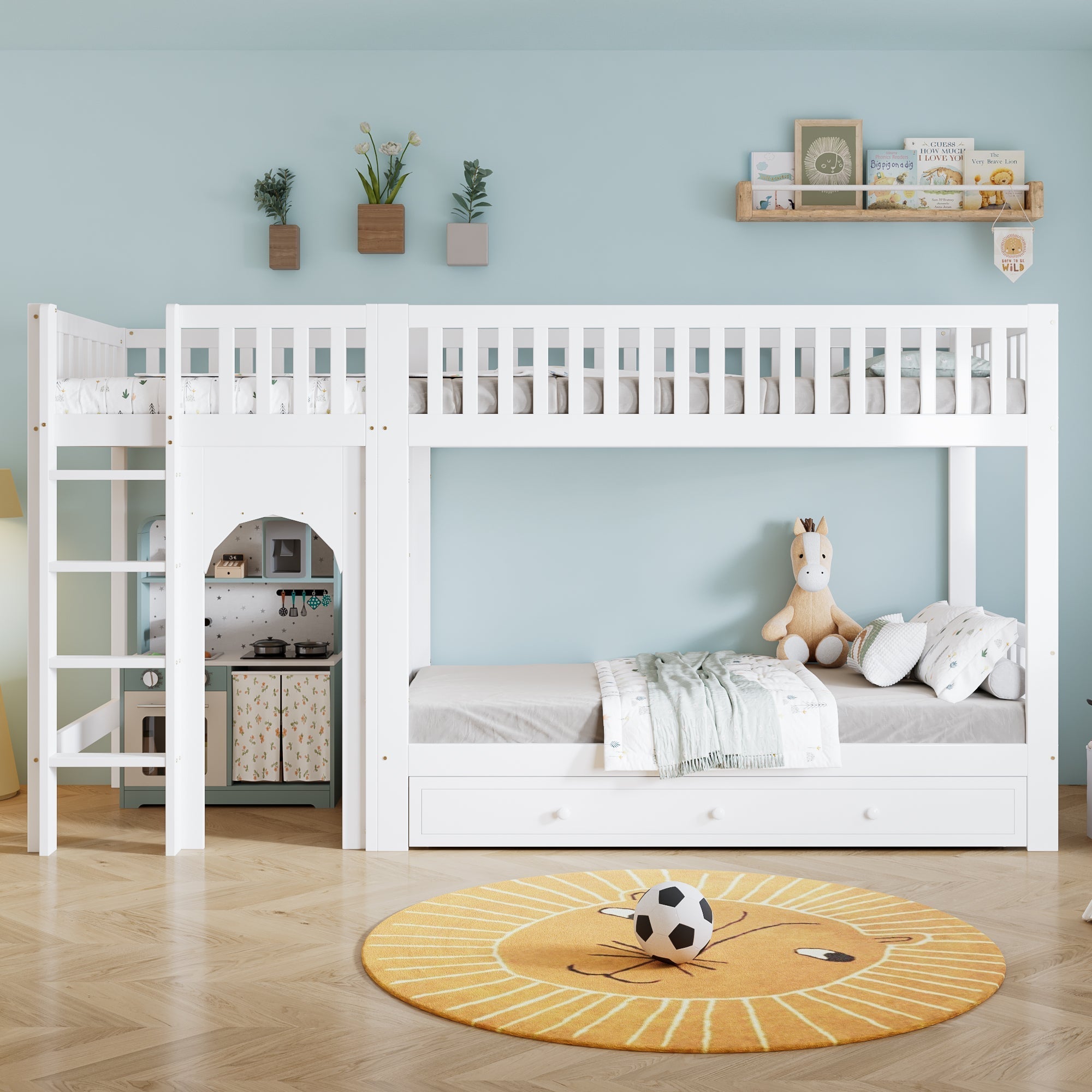 Bunk Bed for Children with Straight Ladder and Safety Railings, 90x200cm, White Pine + MDF