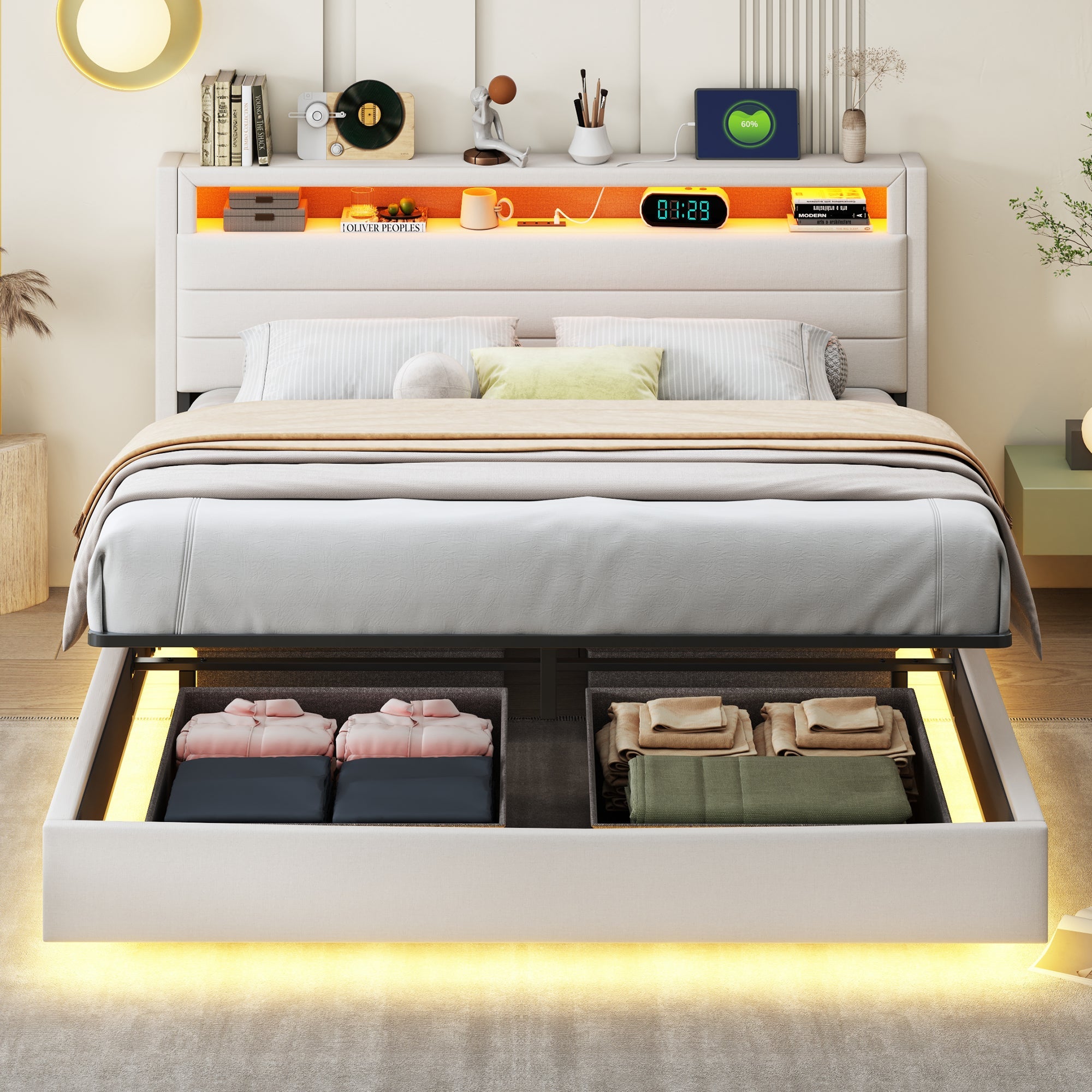 Upholstered Bed, Hydraulic Floating with Storage, USB & LED, Reversible Headboard, Linen Beige