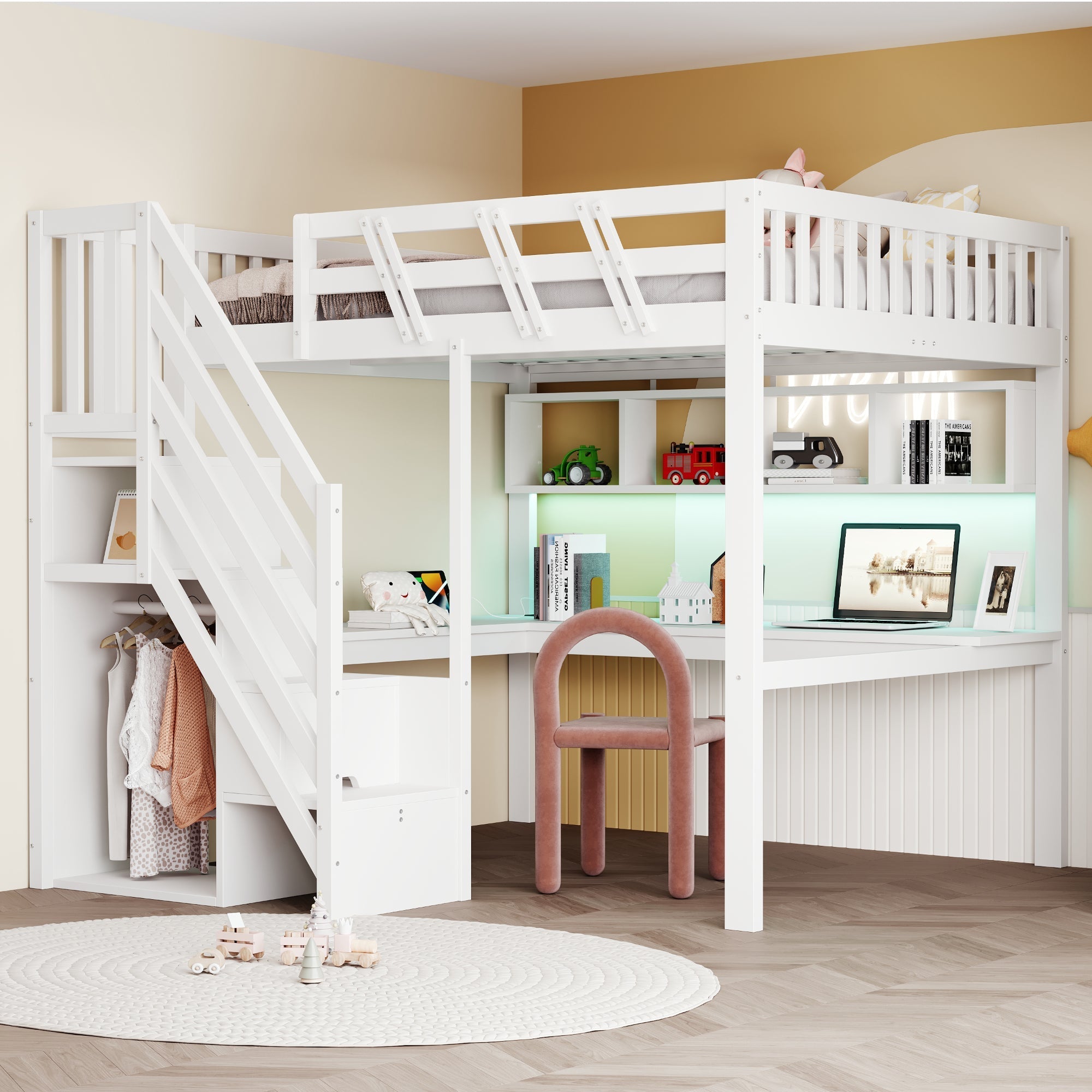 Solid Wood Loft Bed 140x200 with Desk, Storage Stairs, USB and LED, White