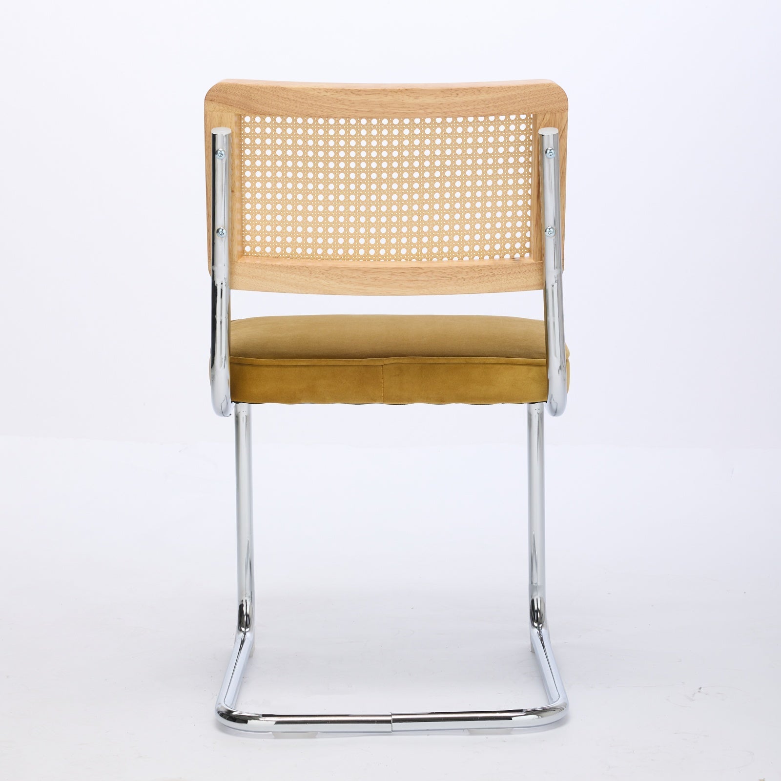 Mid Century Modern Dining Chairs Set of 2 - Velvet Cane Back Chrome Base - Golden Color