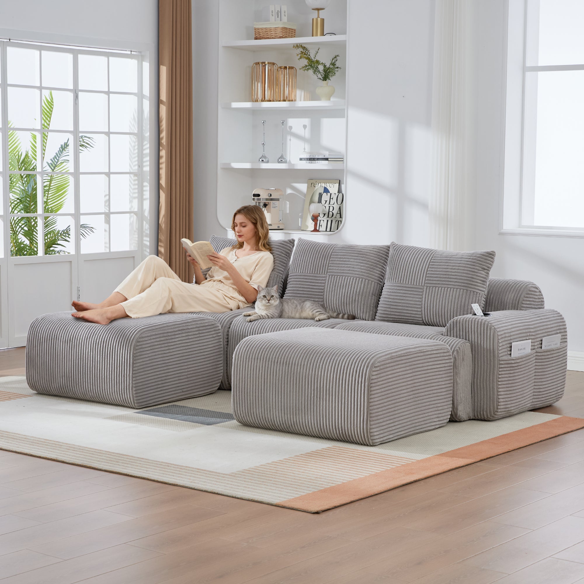 Modular Corduroy Sofa 3-Seater 2 Ottomans Cup Holders Storage Light Grey