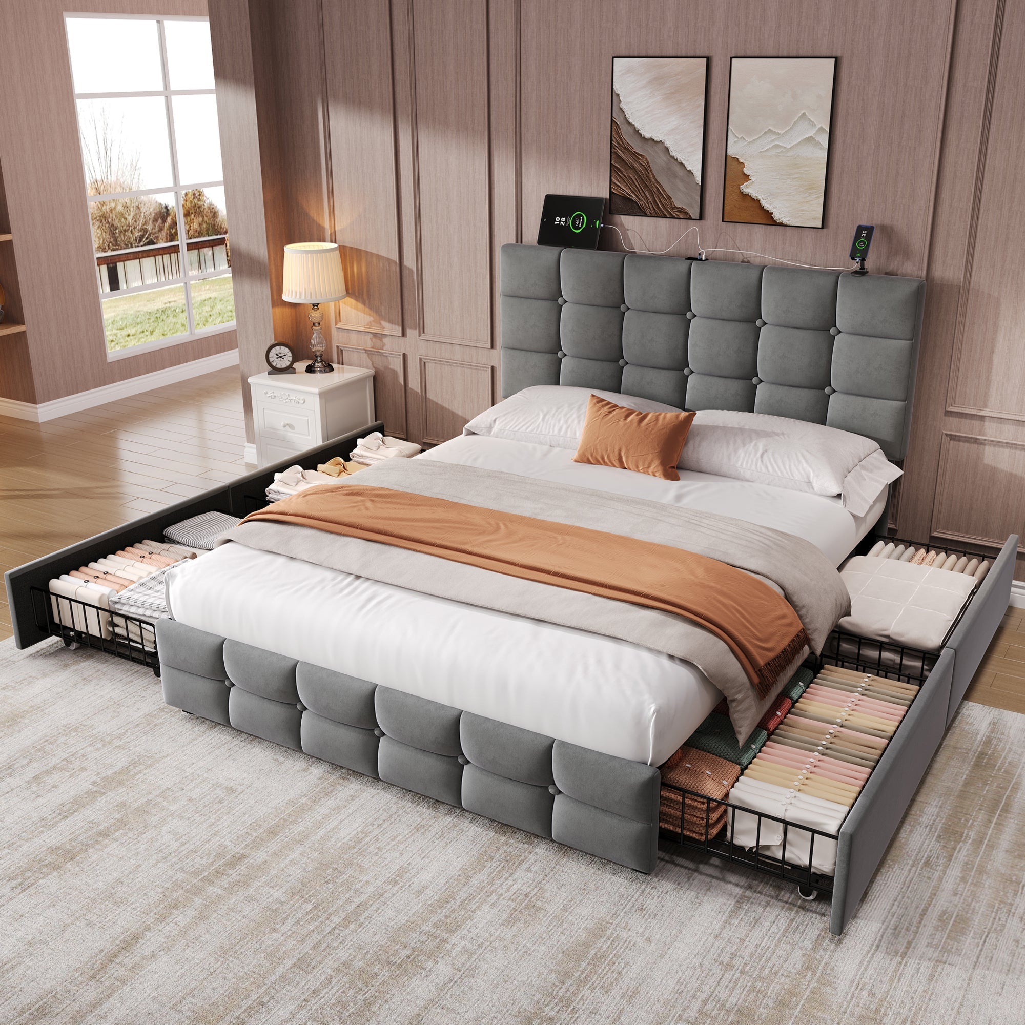 4ft6 Double Upholstered Bed with 4 Storage Drawers, Adjustable Tufted Headboard & Charging Station, Grey Velvet