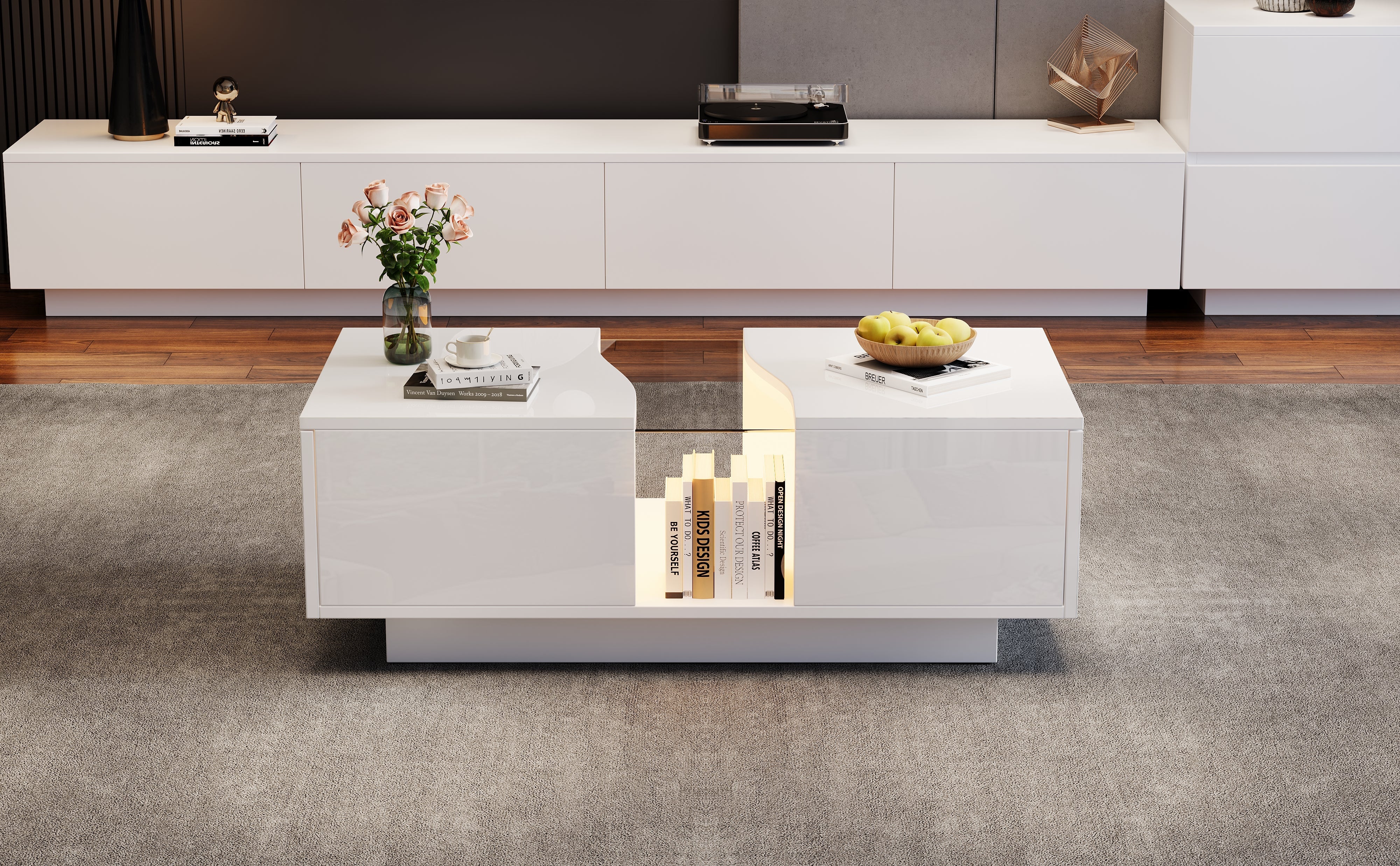 Led Coffee Table 2 Drawer Storage High Gloss 16-Color Lights White