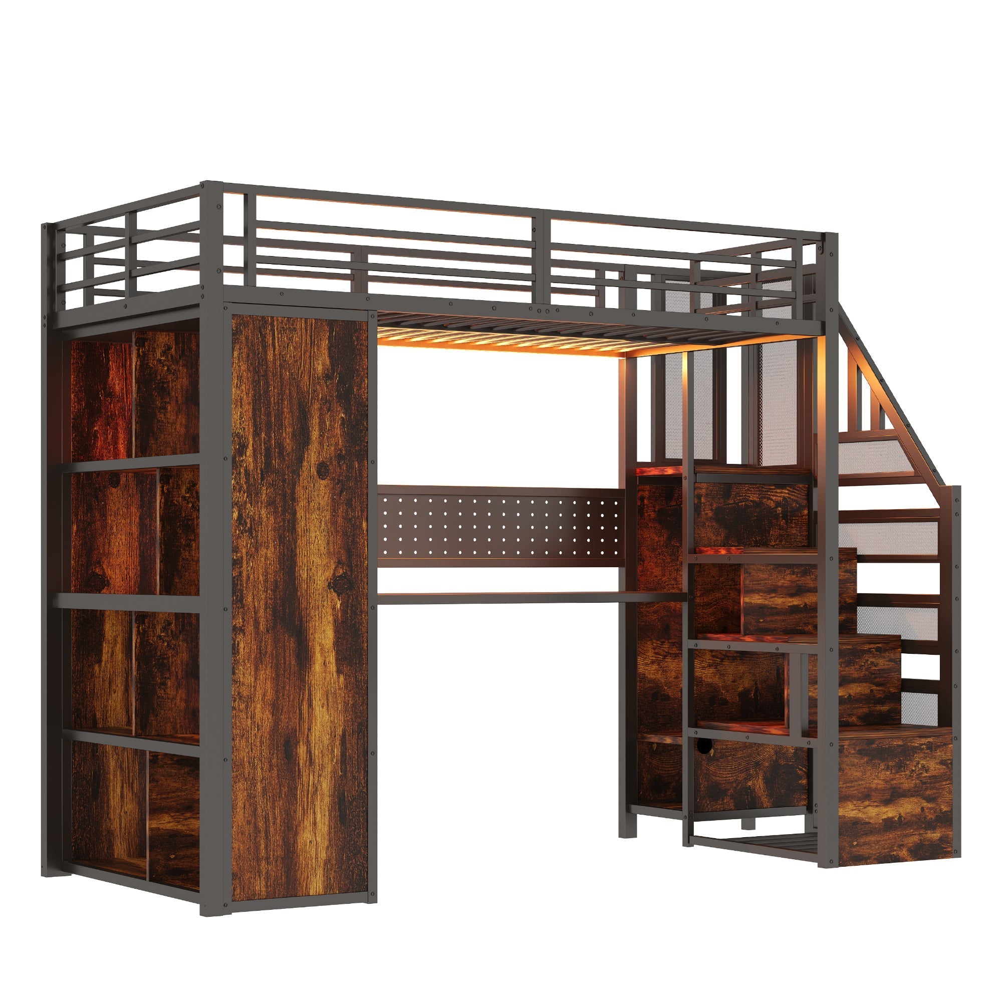Metal Loft Bed with Wardrobe, Desk and LED Light Strip, Black Metal