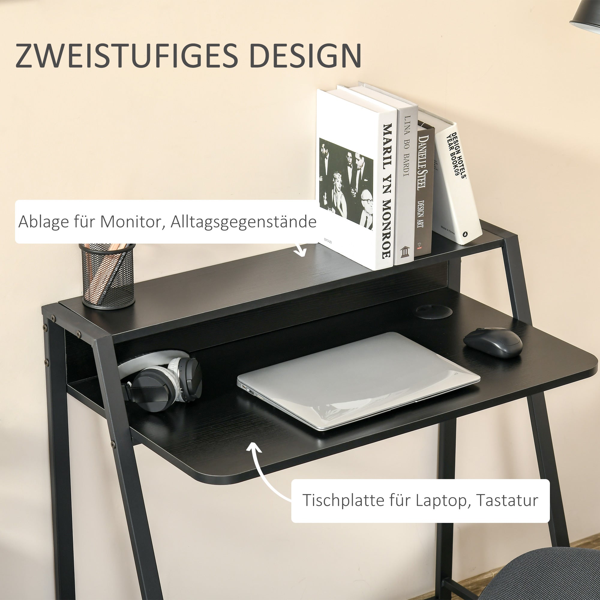 Computertisch mit Ablage, Kabelmanagement, Metall Schwarz