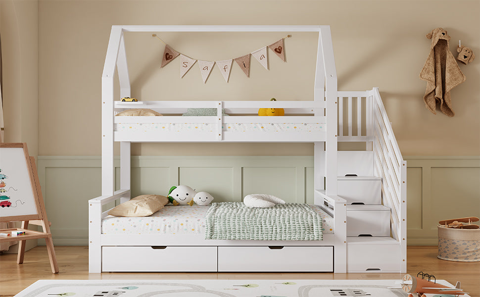Bunk Bed Children's, Two Drawers Roof Design Safety Railing Stair Cupboard, 90x200cm & 140x200cm, Pine + MDF + Plywood White