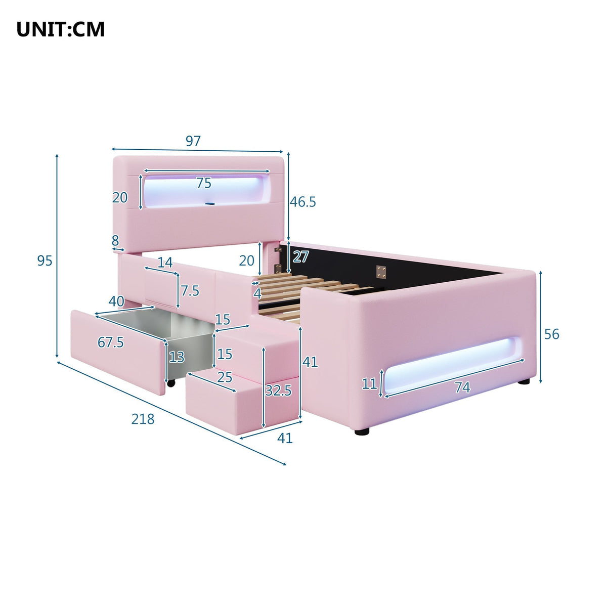 Upholstered Platform Bed 90x200cm Stairs Drawers LED USB Storage Pockets - Pink
