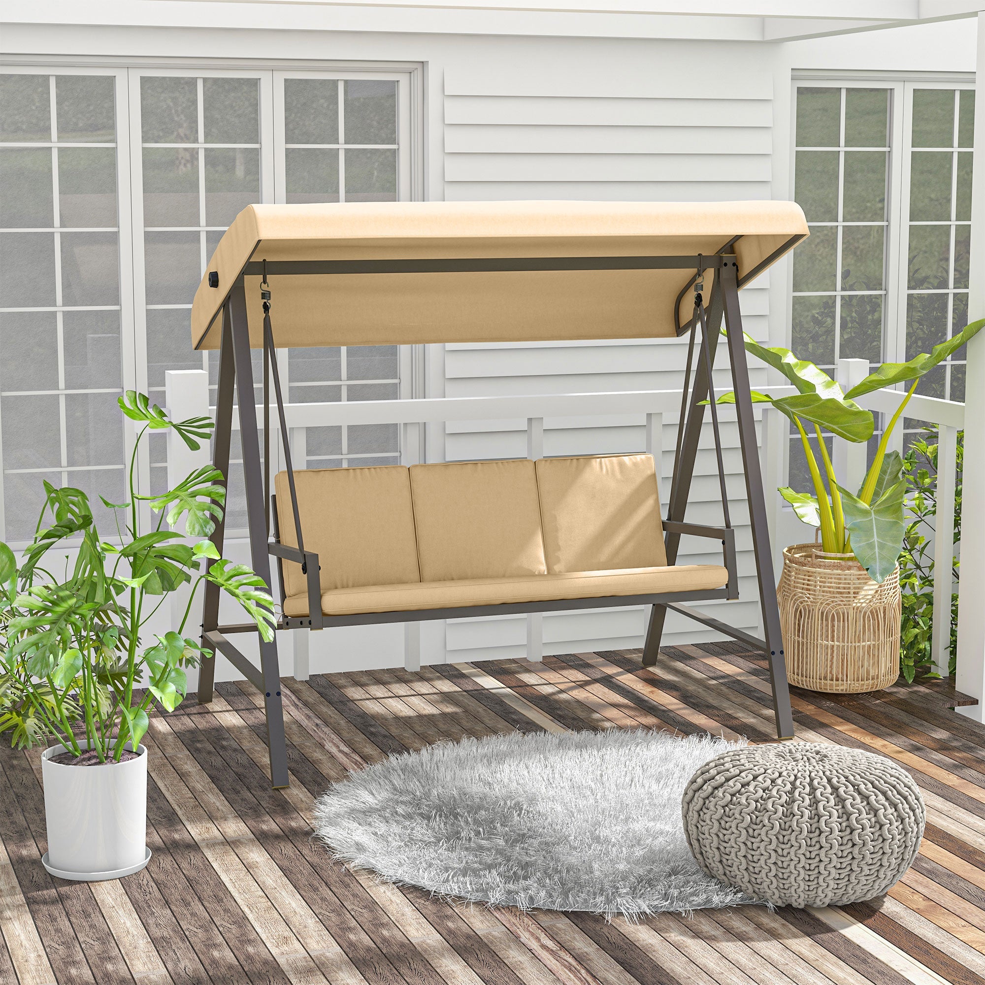 Hollywood Swing Set 3-Seater Adjustable Canopy Back Cushions 360 kg Beige