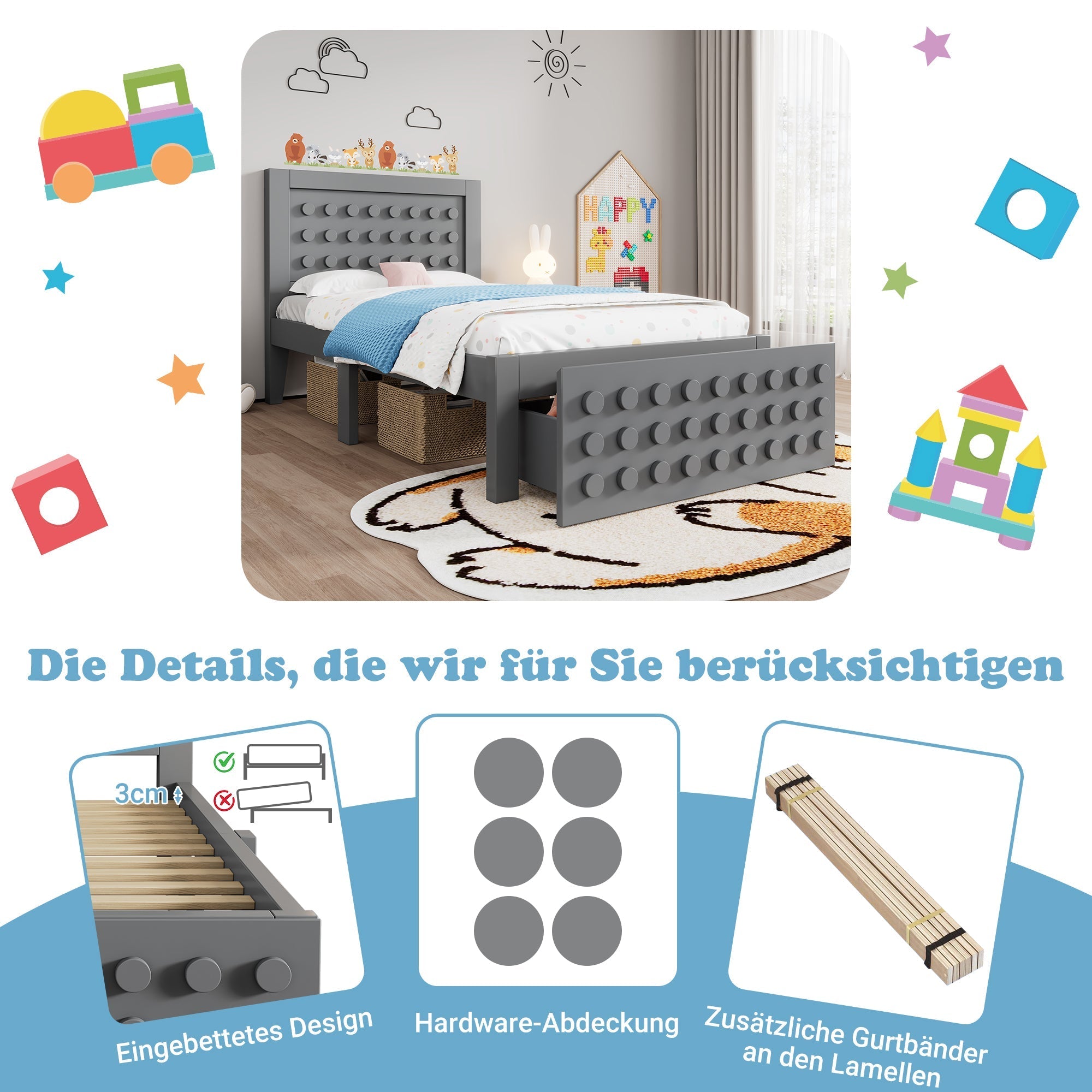 Single Bed, 90x200cm Creative Block Design with Drawers & Storage, Grey Wood