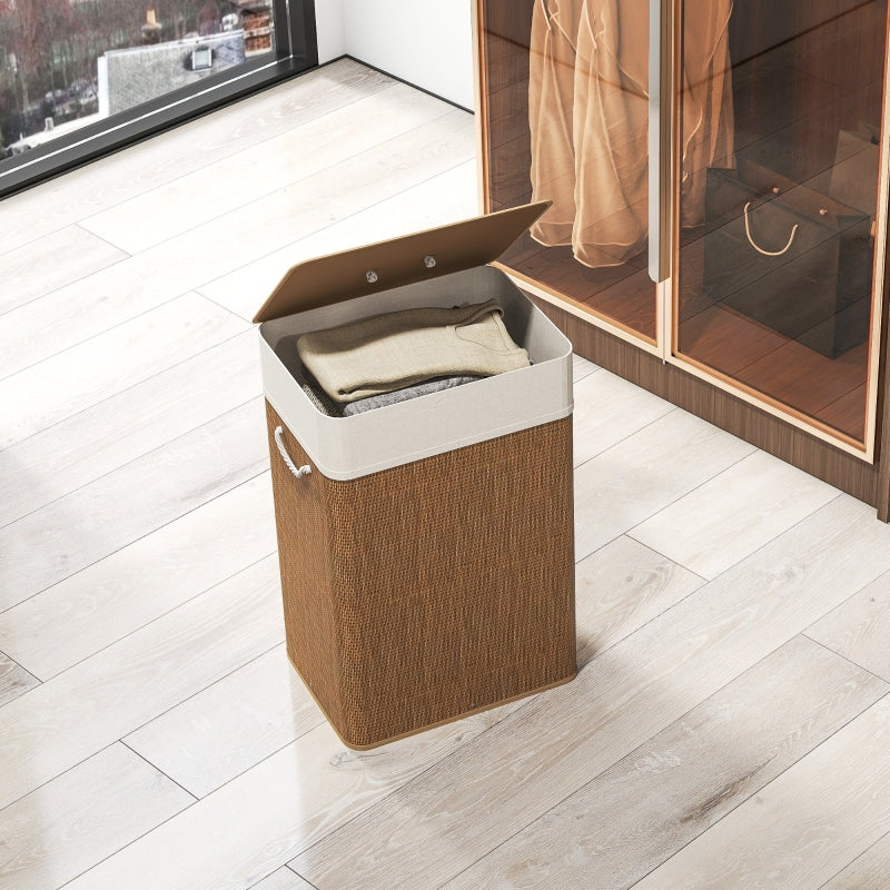 Bamboo Laundry Basket 72L with Lid, Rope Handles, Removable Laundry Bag, Brown