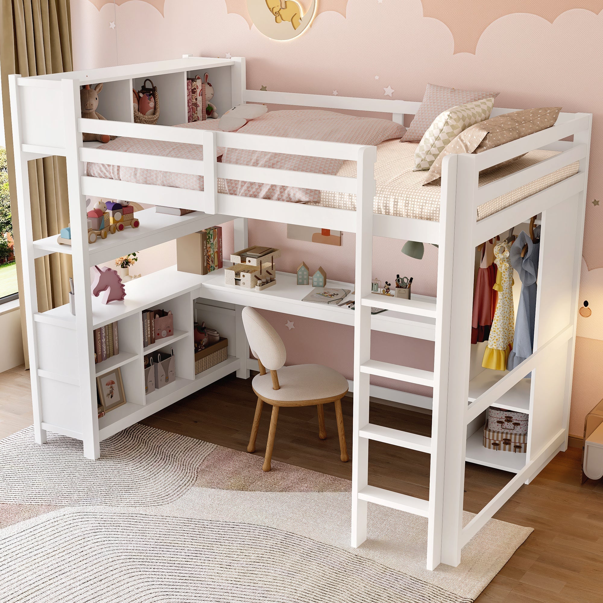 Loft Bed 140x200cm, Shelves, Desk, Wardrobe, White