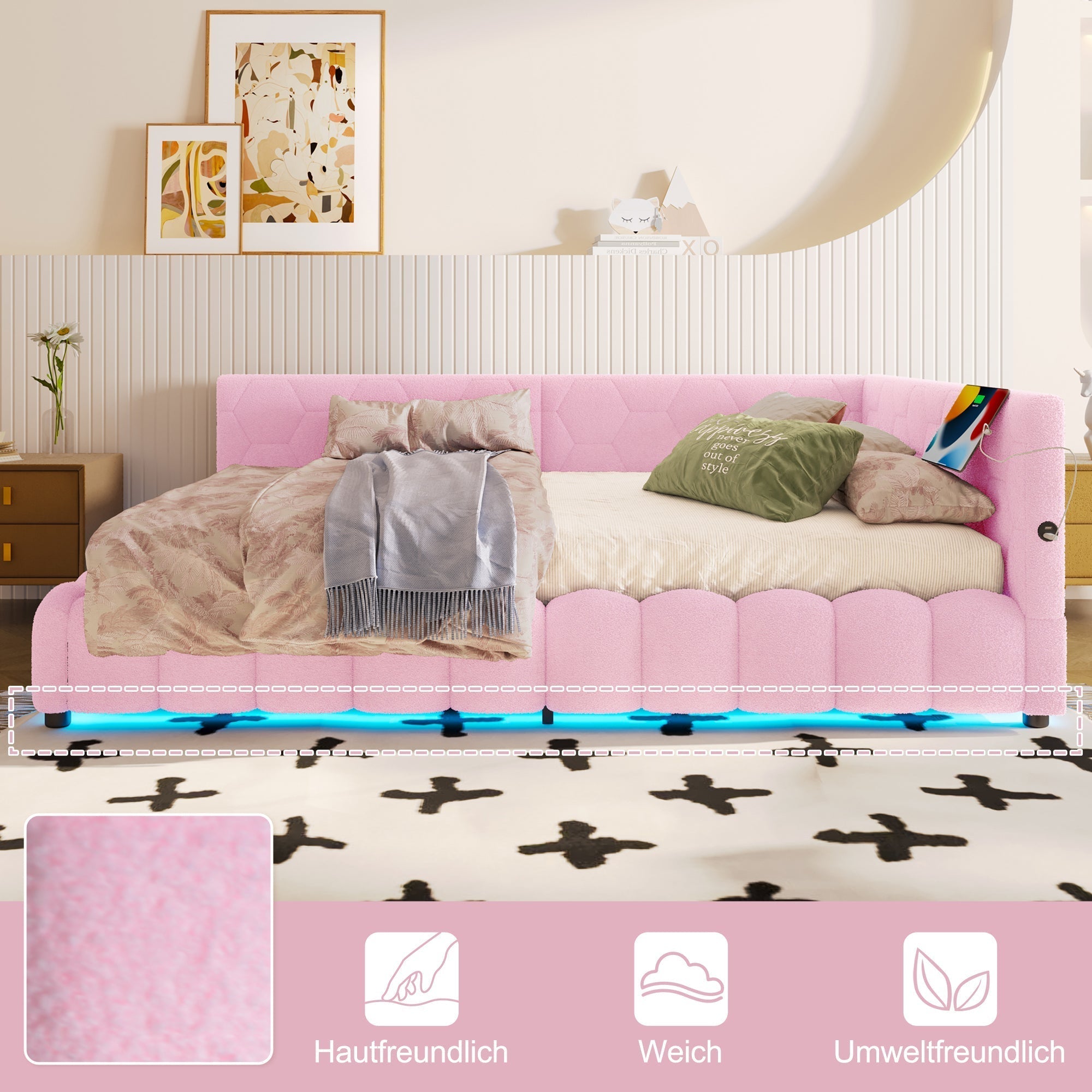 Daybed Sofa Bed 140x200cm Hydraulic Storage LED USB/Type-C - Imitation Fleece Pink