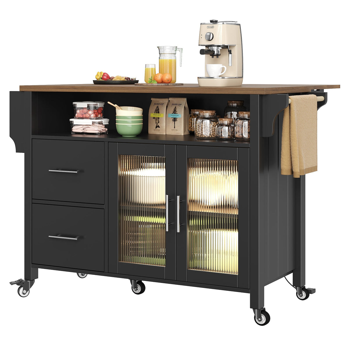 Mobile Kitchen Island with Worktop, Glass Display, LED & Casters - Black