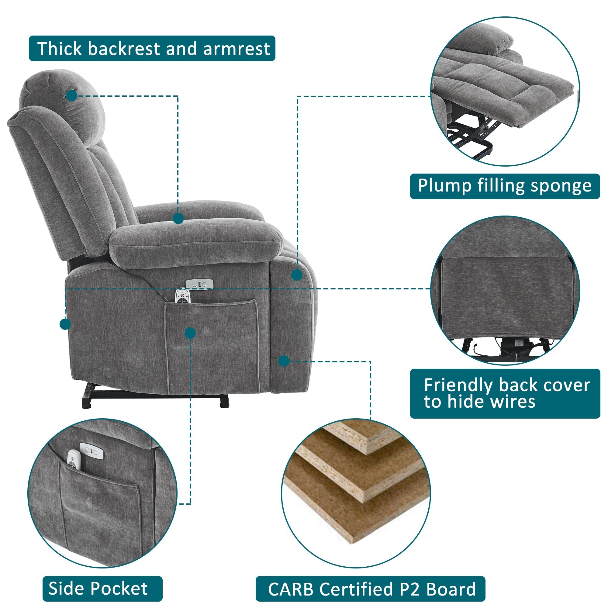Electric Power Lift Recliner Chair Sofa with Massage, Heat, Heavy Duty, and Safety Motion Fabric