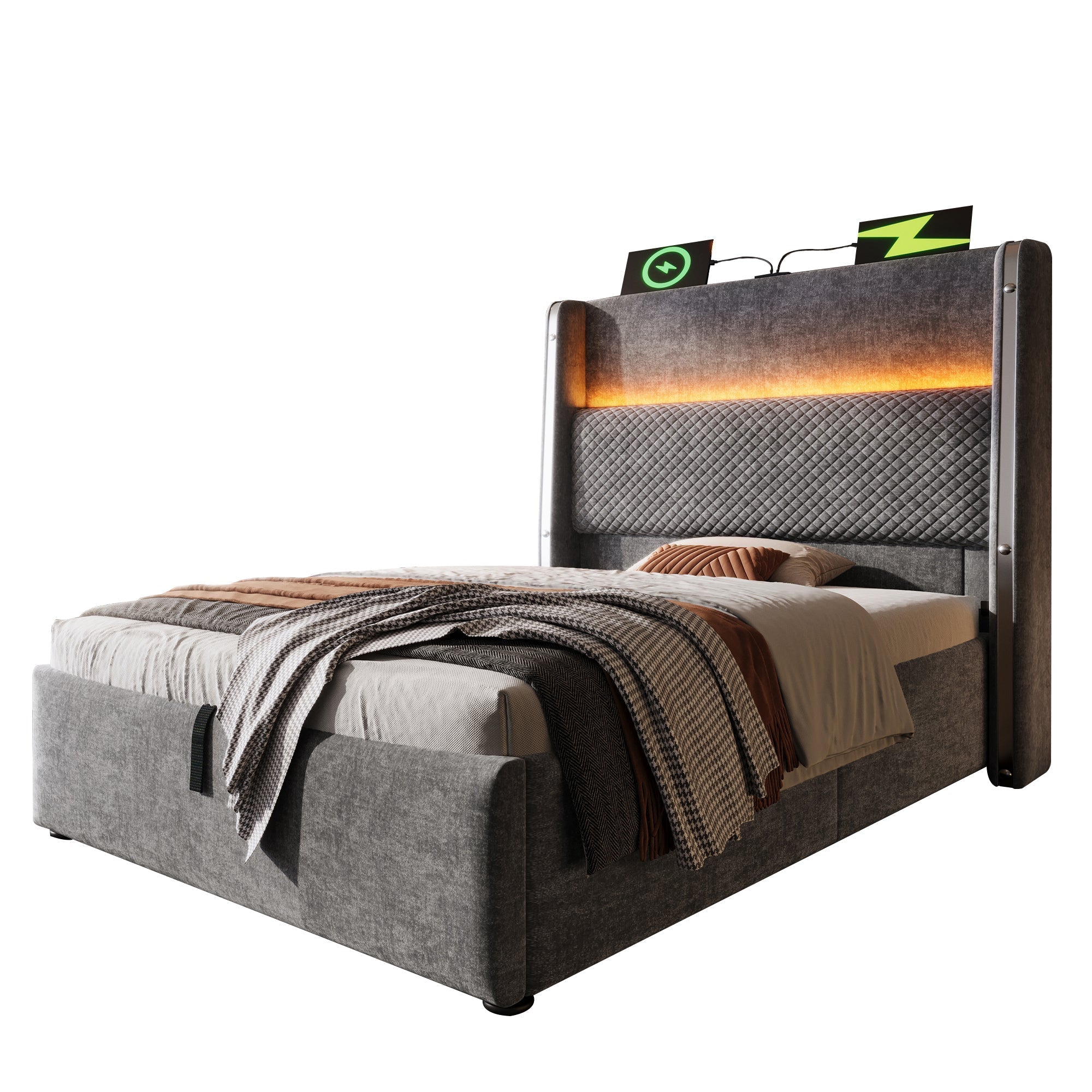 Hydraulic Bed 90x200cm Single, High Headboard, LED, Storage, USB/Type-C, Linen Look Grey
