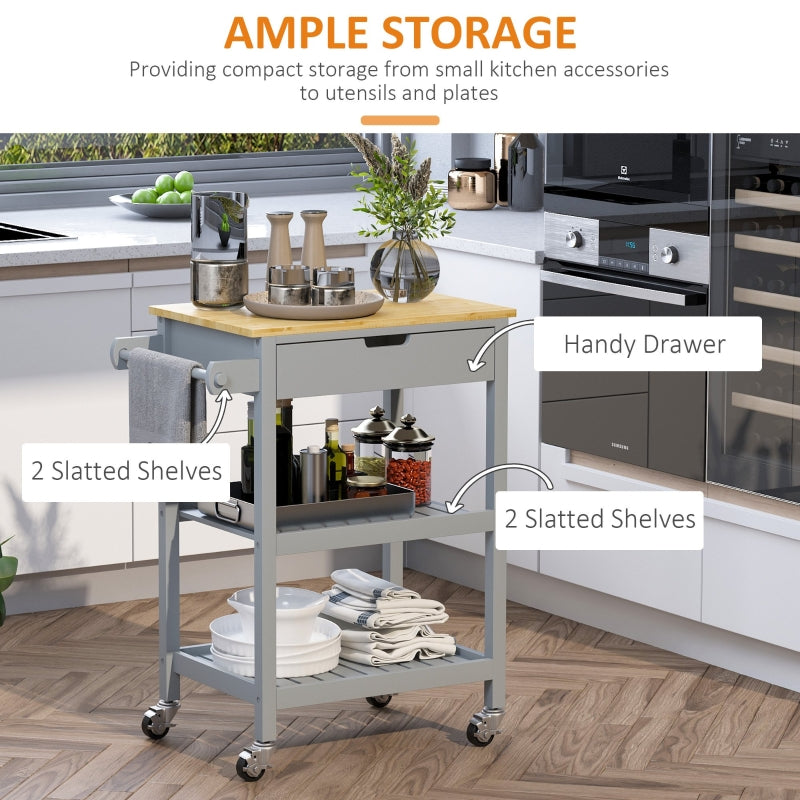 Kitchen Trolley Utility Cart with Worktop, Towel Rack, Storage Shelves & Drawer, Grey