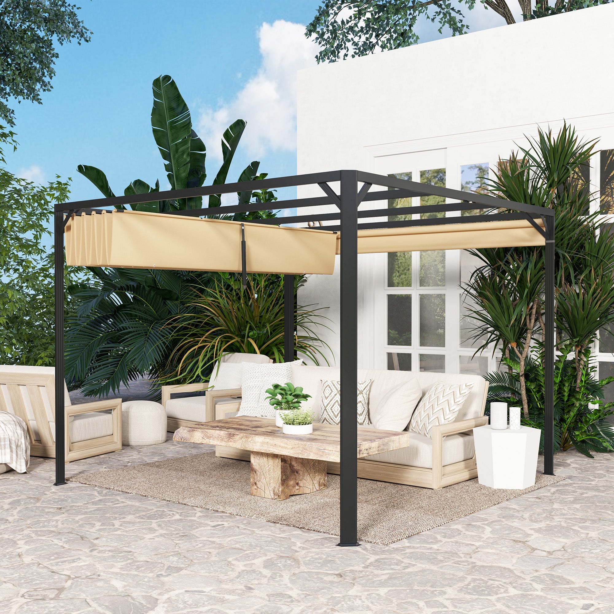 3 x 3m Aluminium Pergola with Retractable Roof and Wall - Khaki